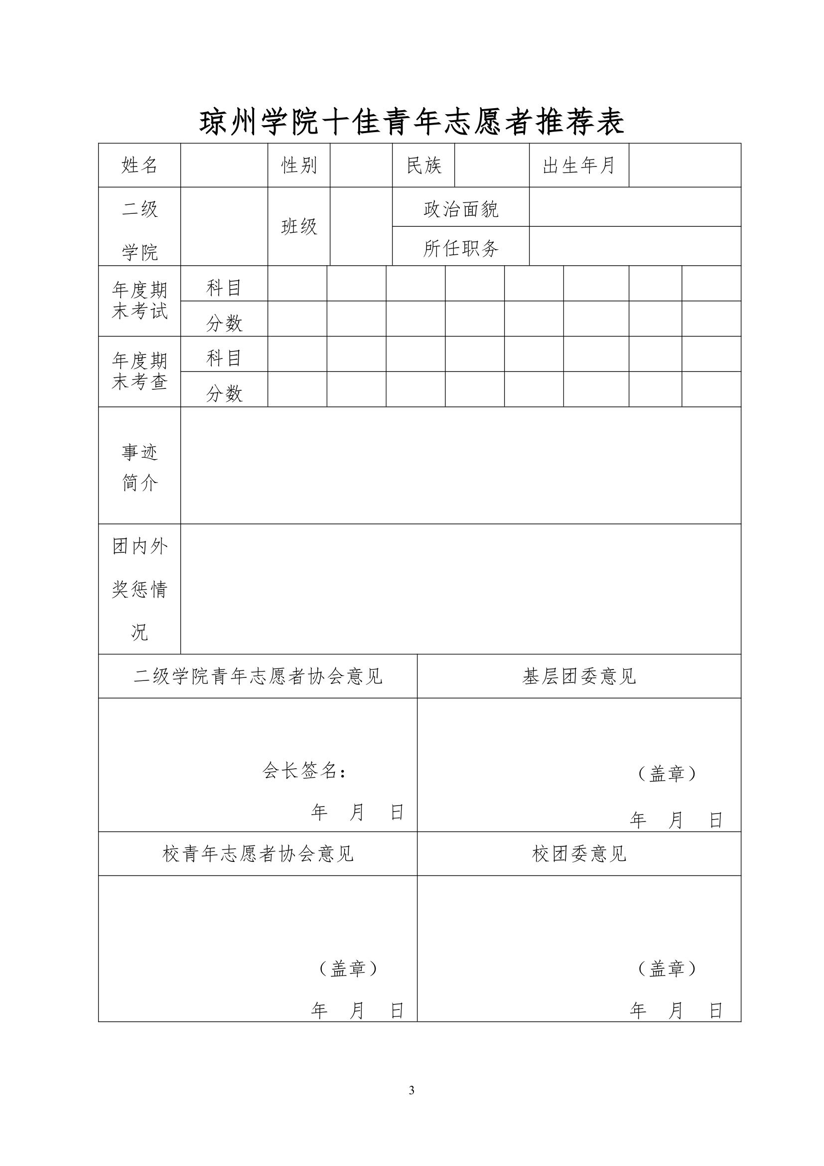 琼州学院优秀青年志愿协会负责人推荐表第3页