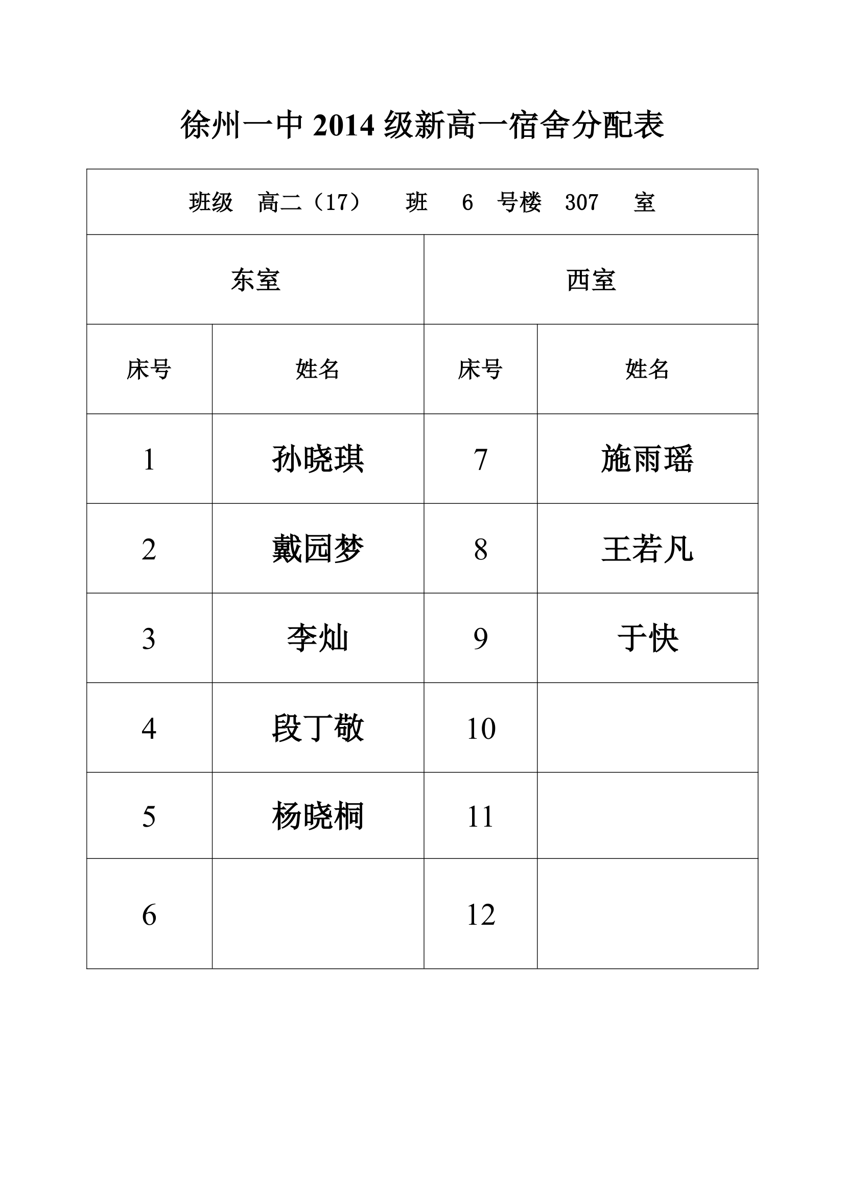 徐州一中2014级新高二宿舍分配表(17班)模板贴在宿舍门上第5页