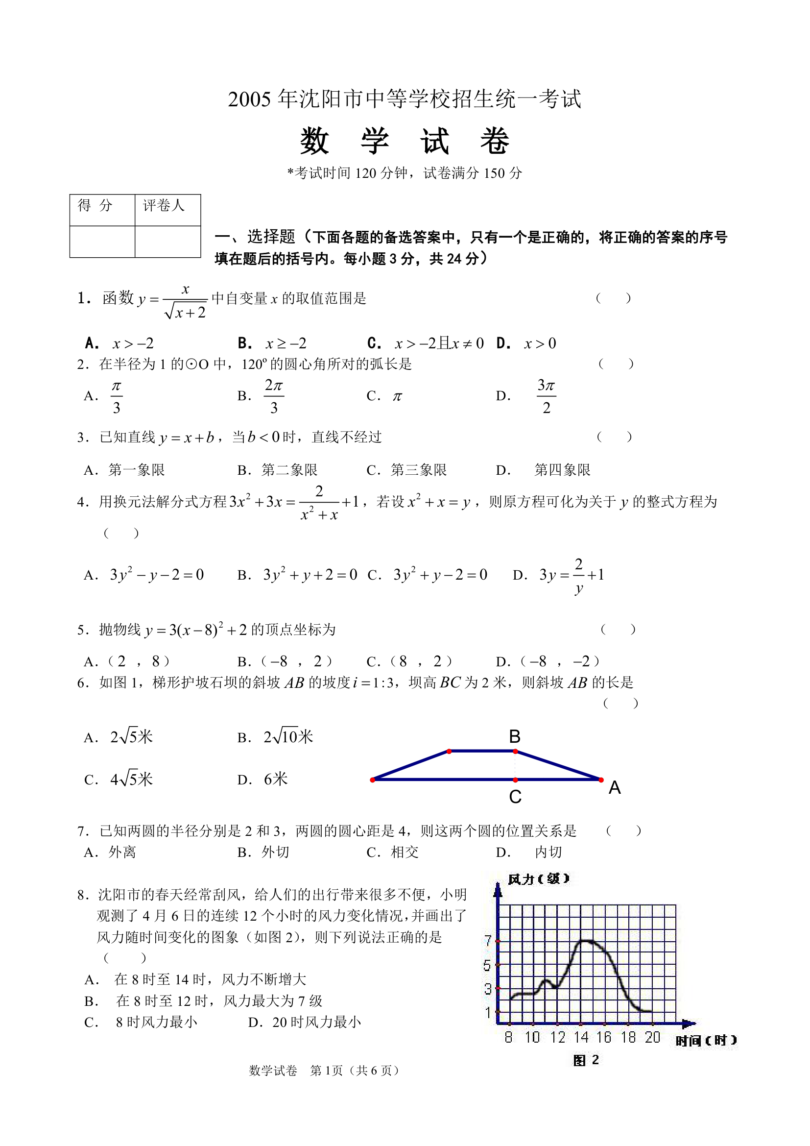 2005年沈阳中考试题第1页