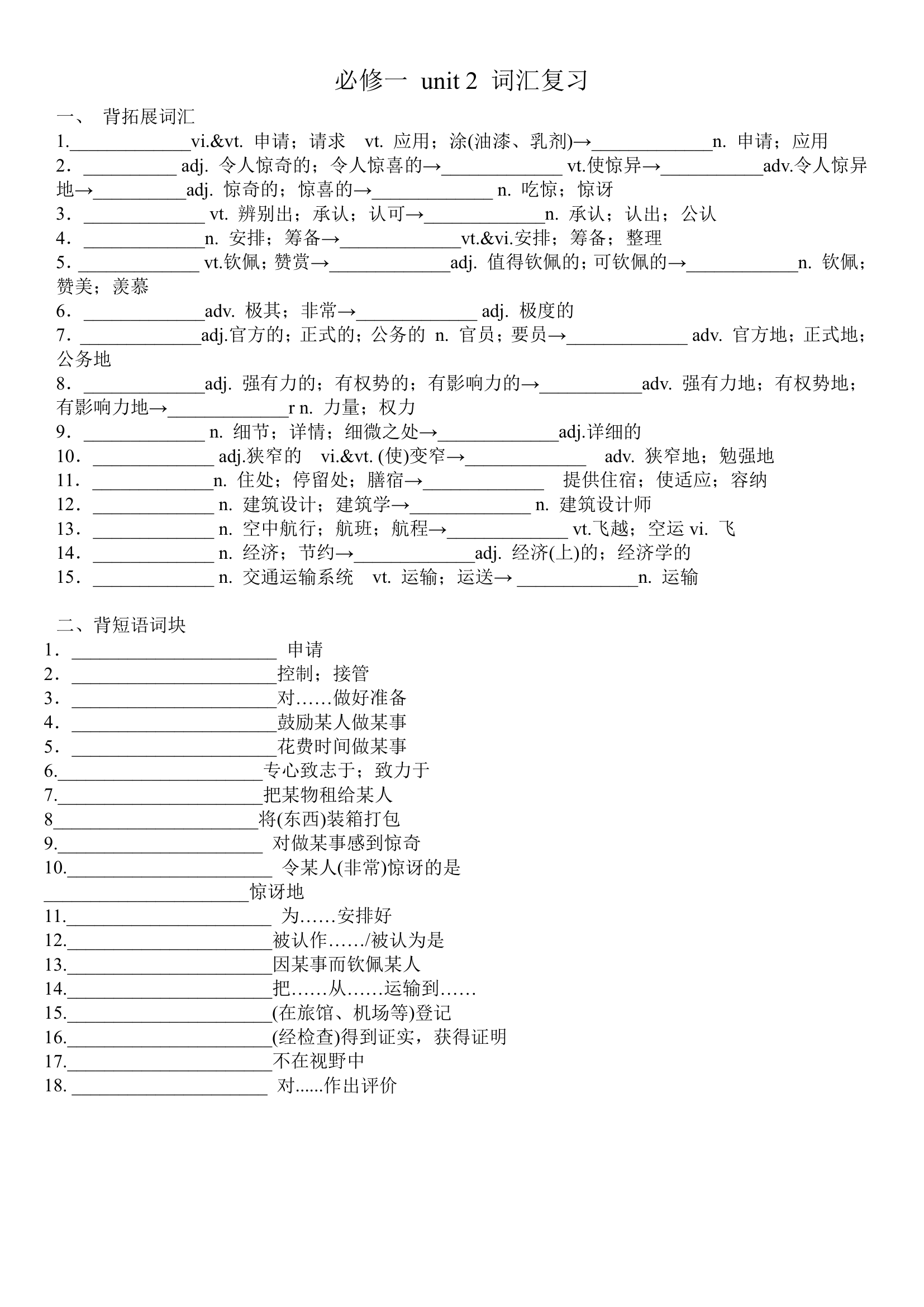 人教版（2019）  必修第一册  Unit 2 Travelling Around词汇复习练习（含答案）.doc第1页