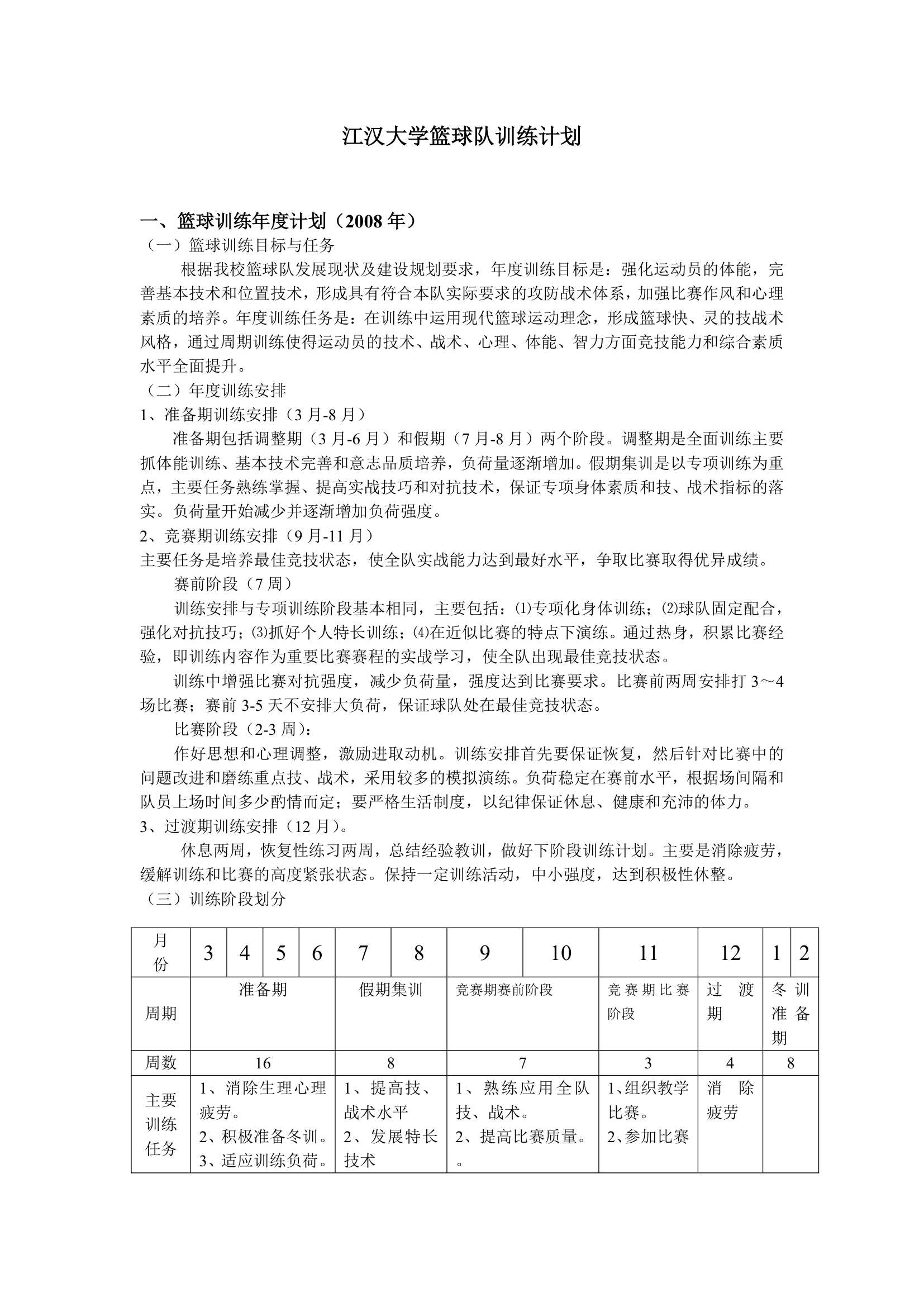 江汉大学篮球队训练计划第1页