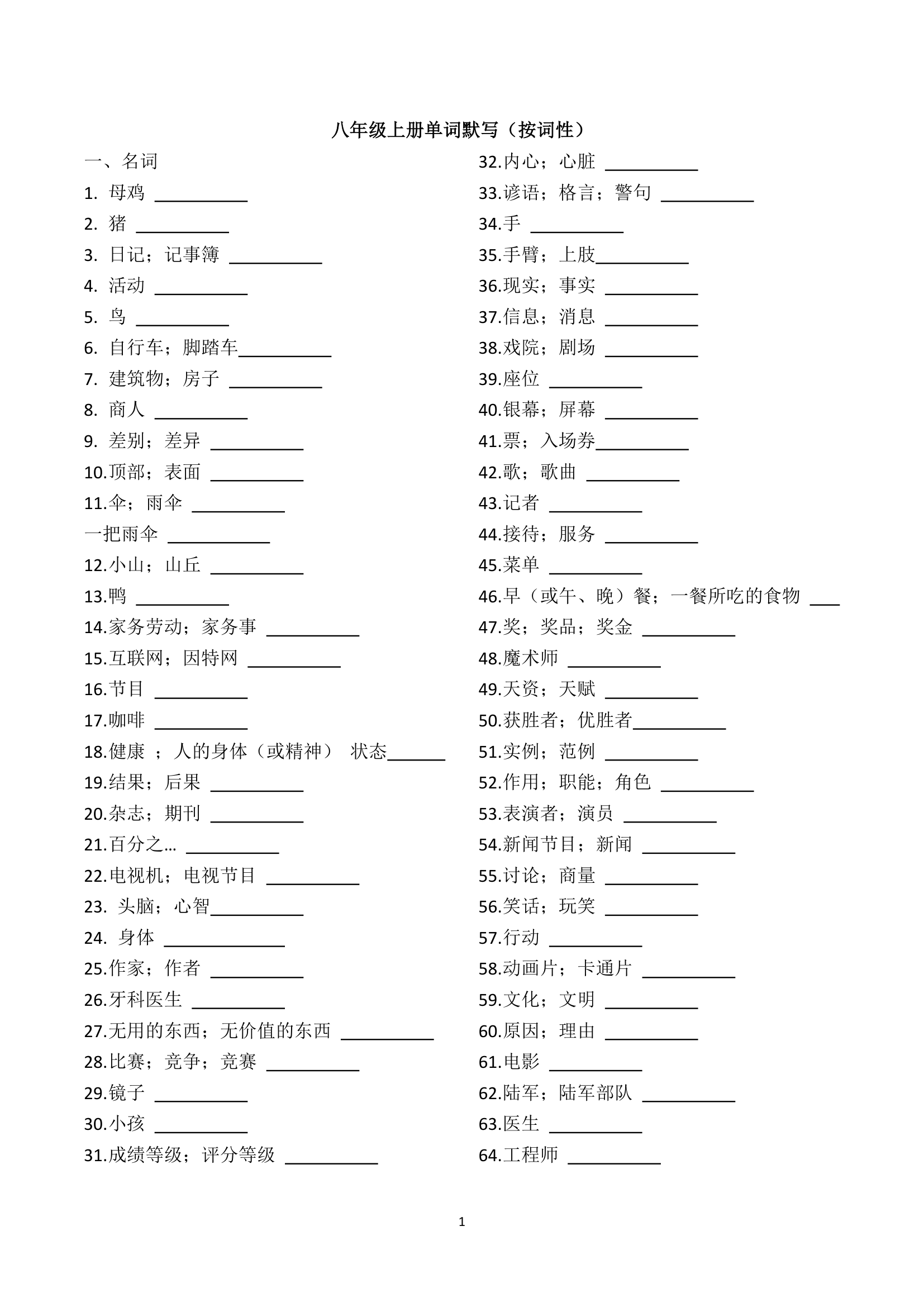 人教新目标(Go for it)版八年级上册单词分类默写（按词性）（无答案）.doc第1页