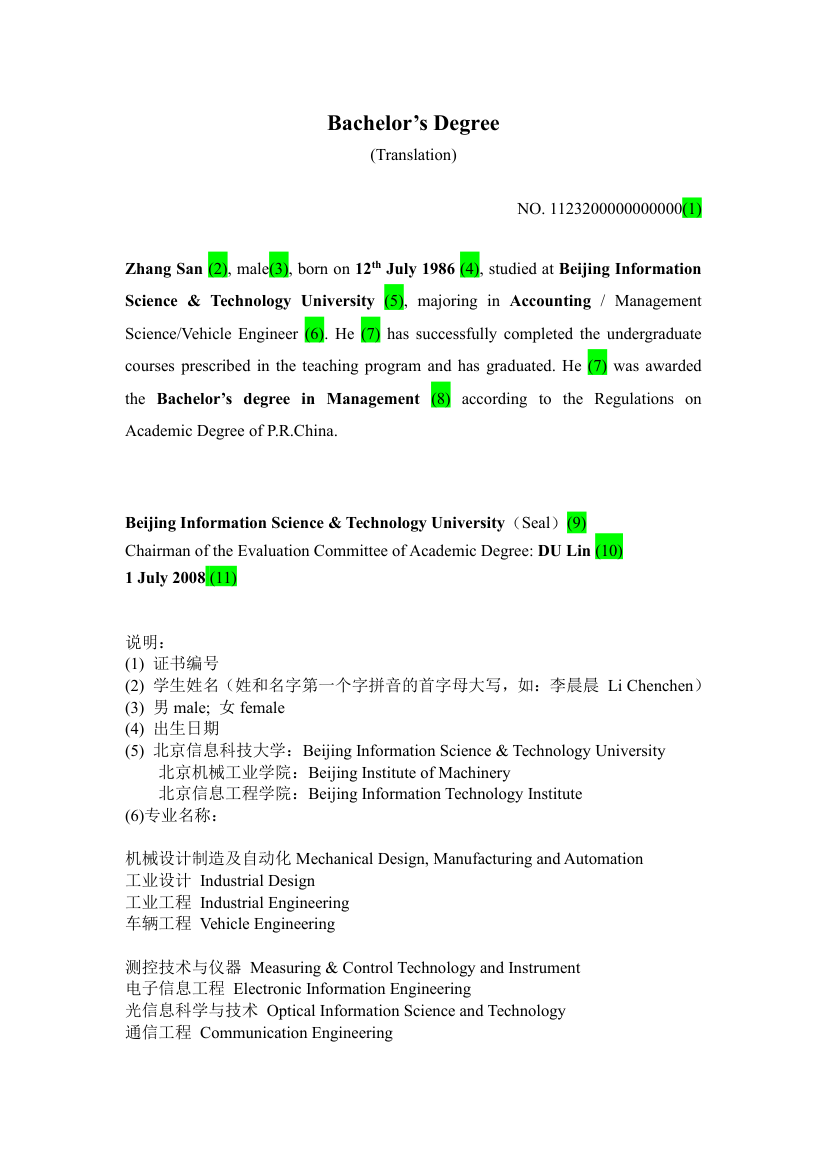 北京信息科技大学本科学位证毕业证英文模板第1页