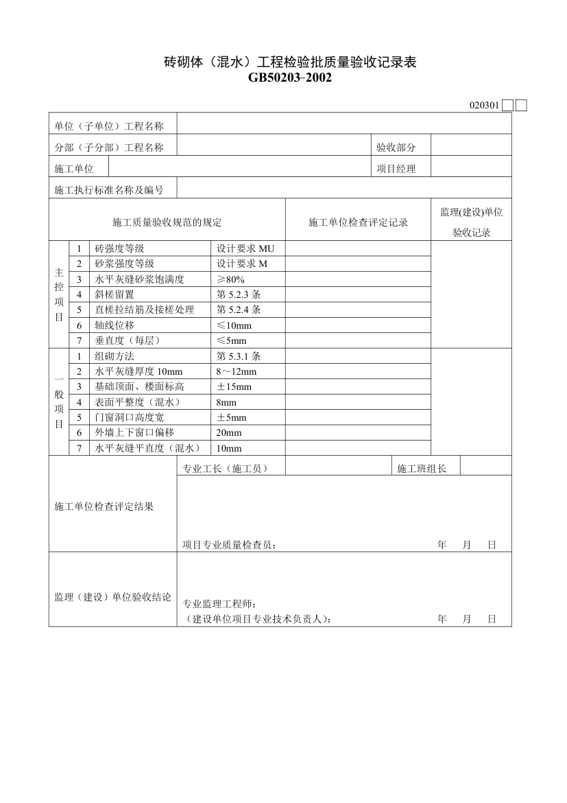 砖砌体混水工程检验批质量验收记录表材料.doc第1页