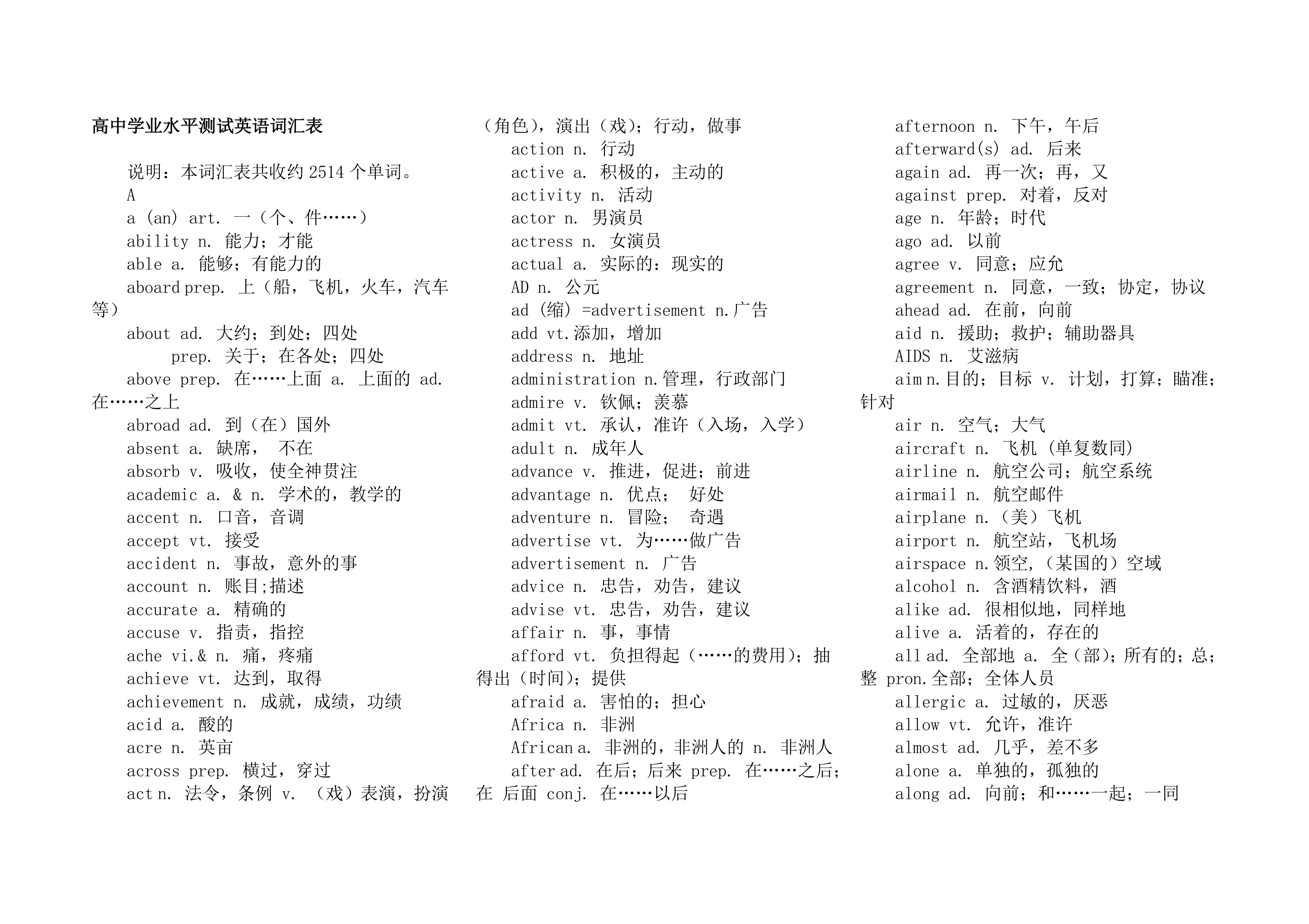 高中学业水平测试英语词汇表.docx第1页