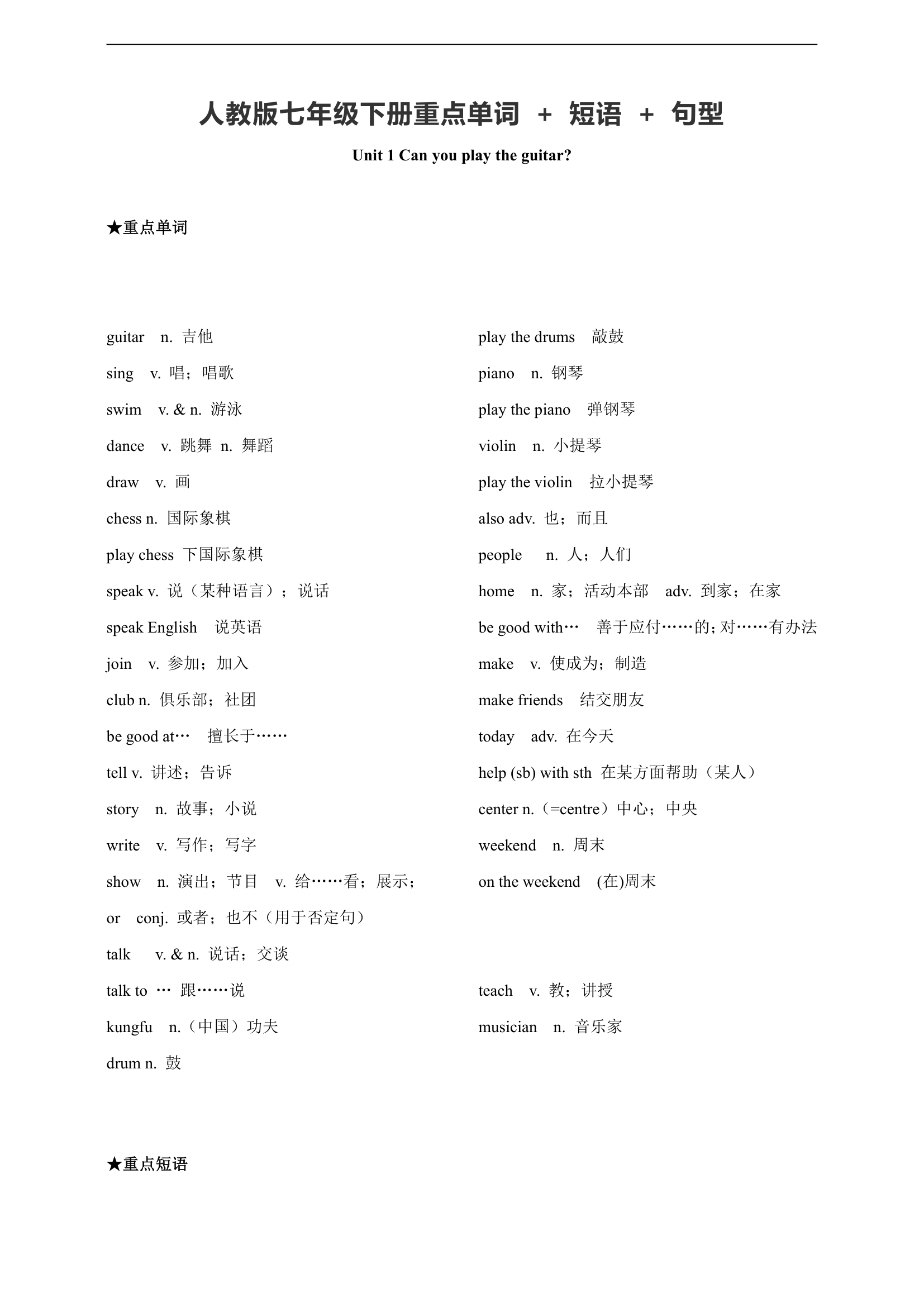 人教版英语七年级下册重点单词 + 短语 + 句型.doc第1页