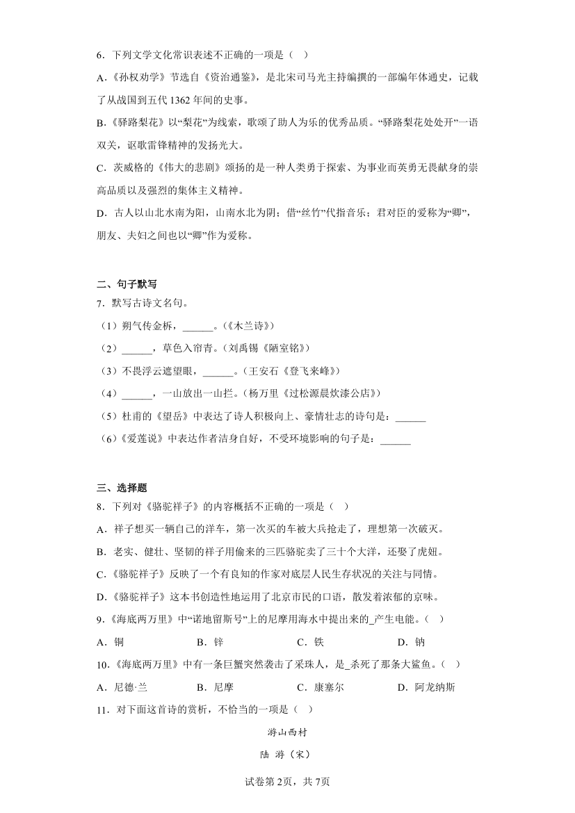 新疆和田地区墨玉县2021-2022学年七年级下学期期末语文试题（有解析）.doc第2页