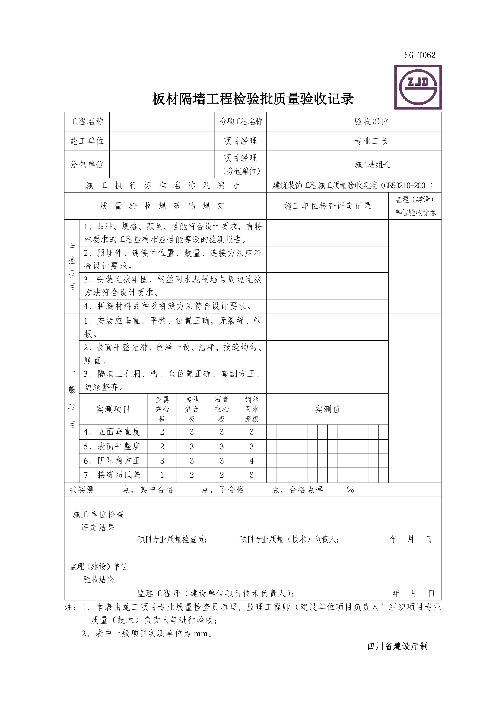 某单位的板材隔墙工程检验批质量验收记录.doc第1页