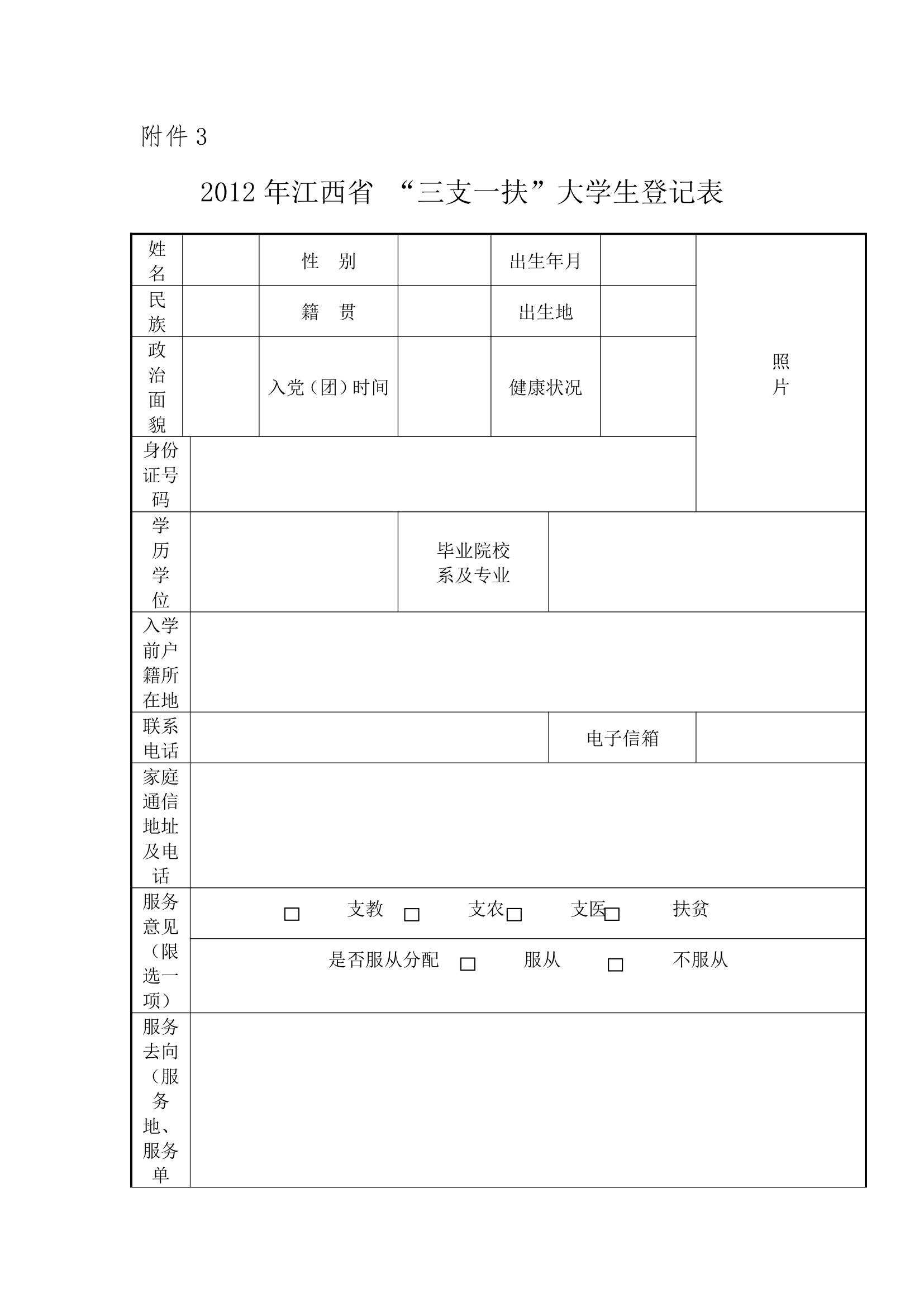 2012年江西省“三支一扶”大学生登记表第1页