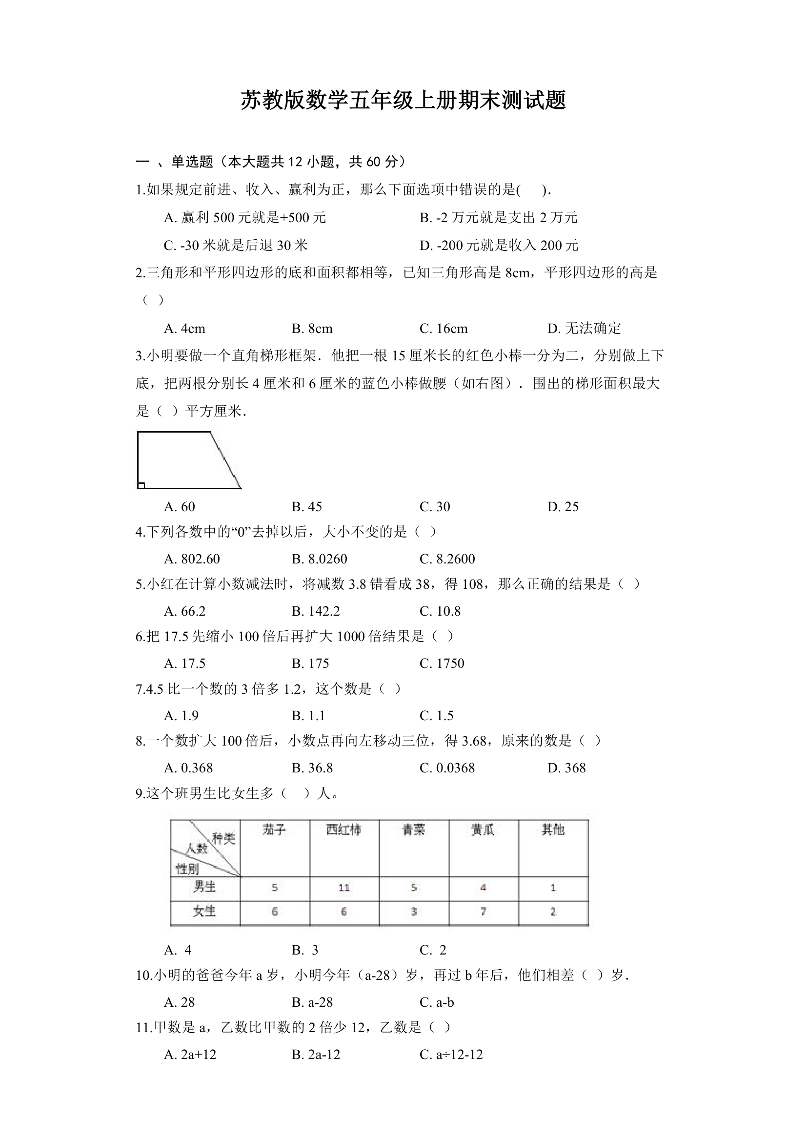 苏教版数学五年级上册期末测试题（含答案）.doc第1页