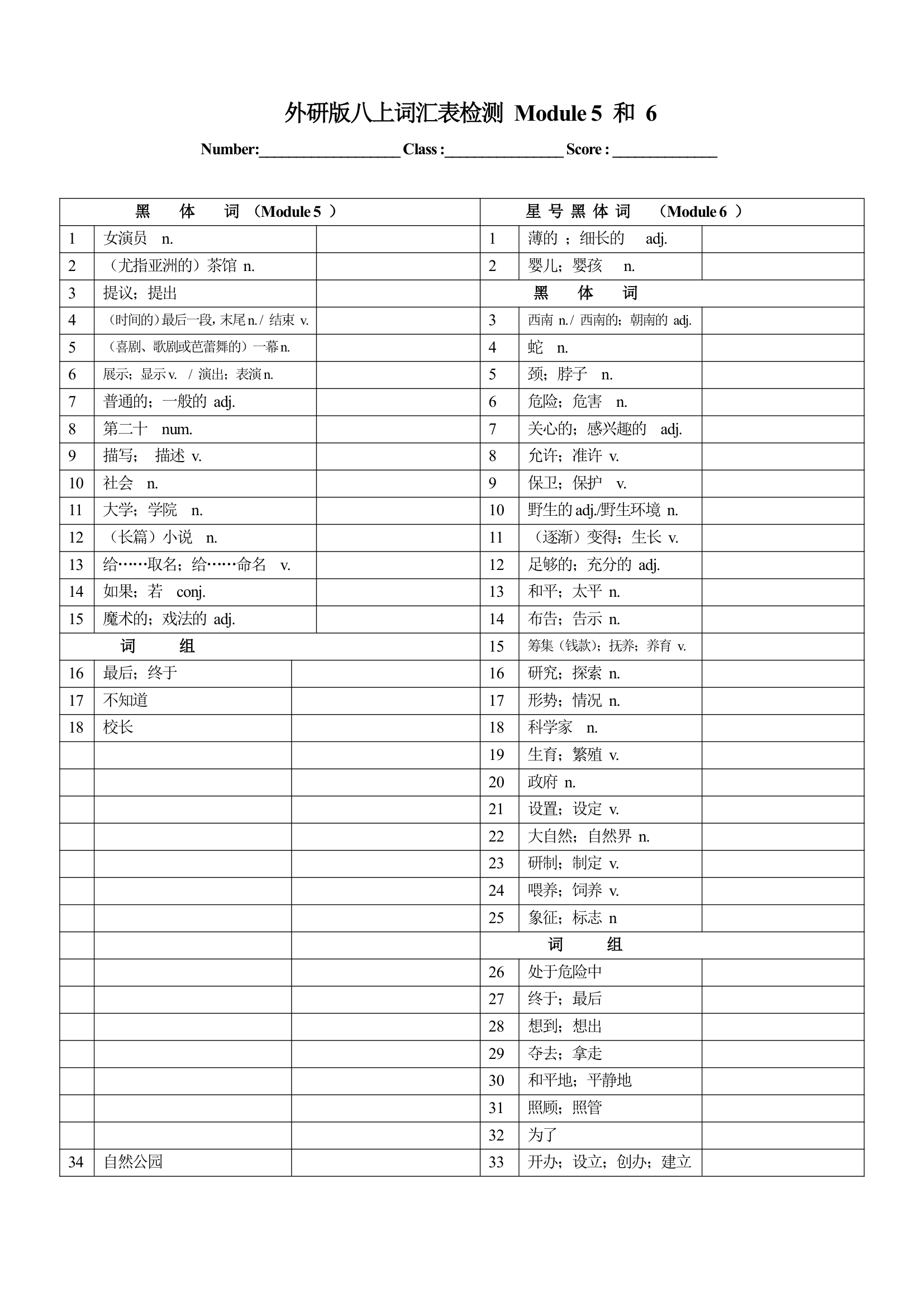 外研版八年级英语上册 Module 5 -8 词汇检测 （无答案）.doc第1页