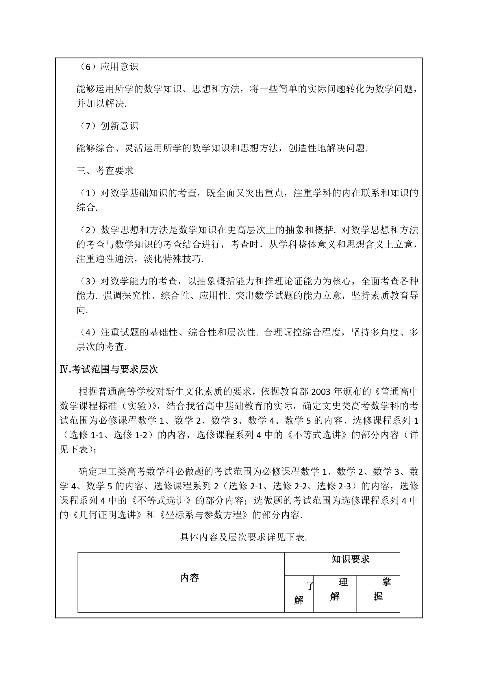 普通高等学校招生全国统一考试大纲湖北卷,数学学科考试说明第3页