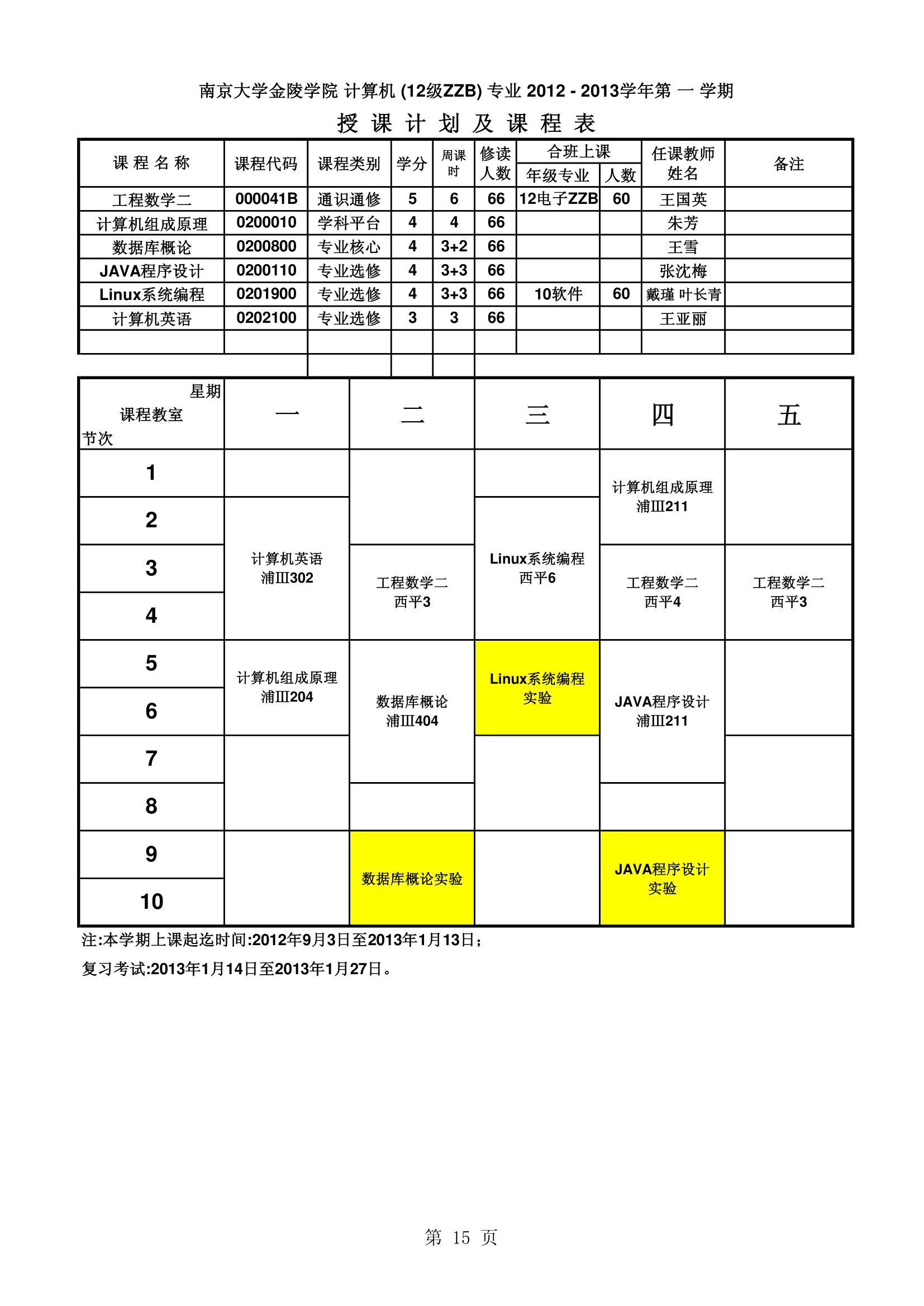 南京大学金陵学院信工最新课表第15页