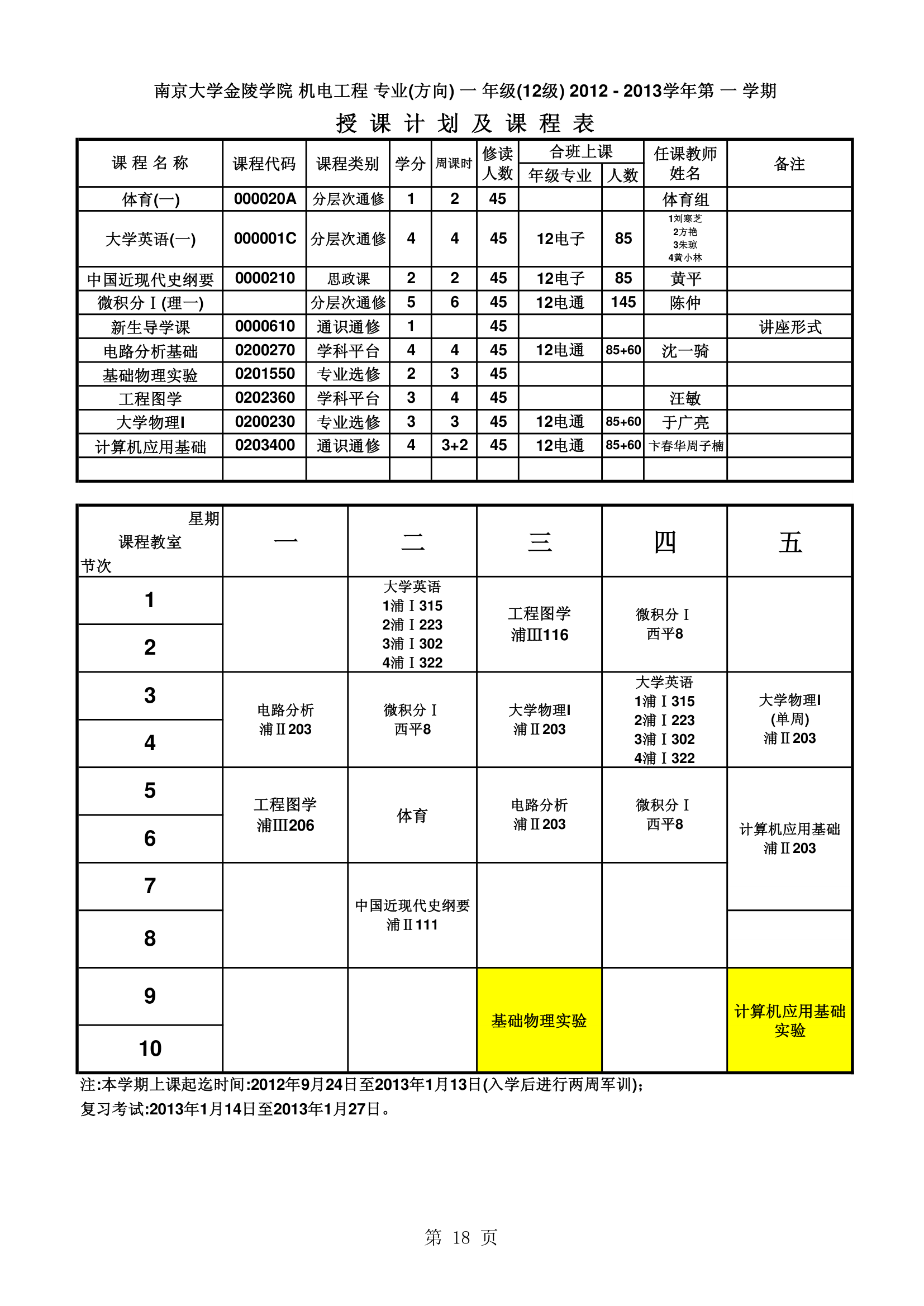 南京大学金陵学院信工最新课表第18页