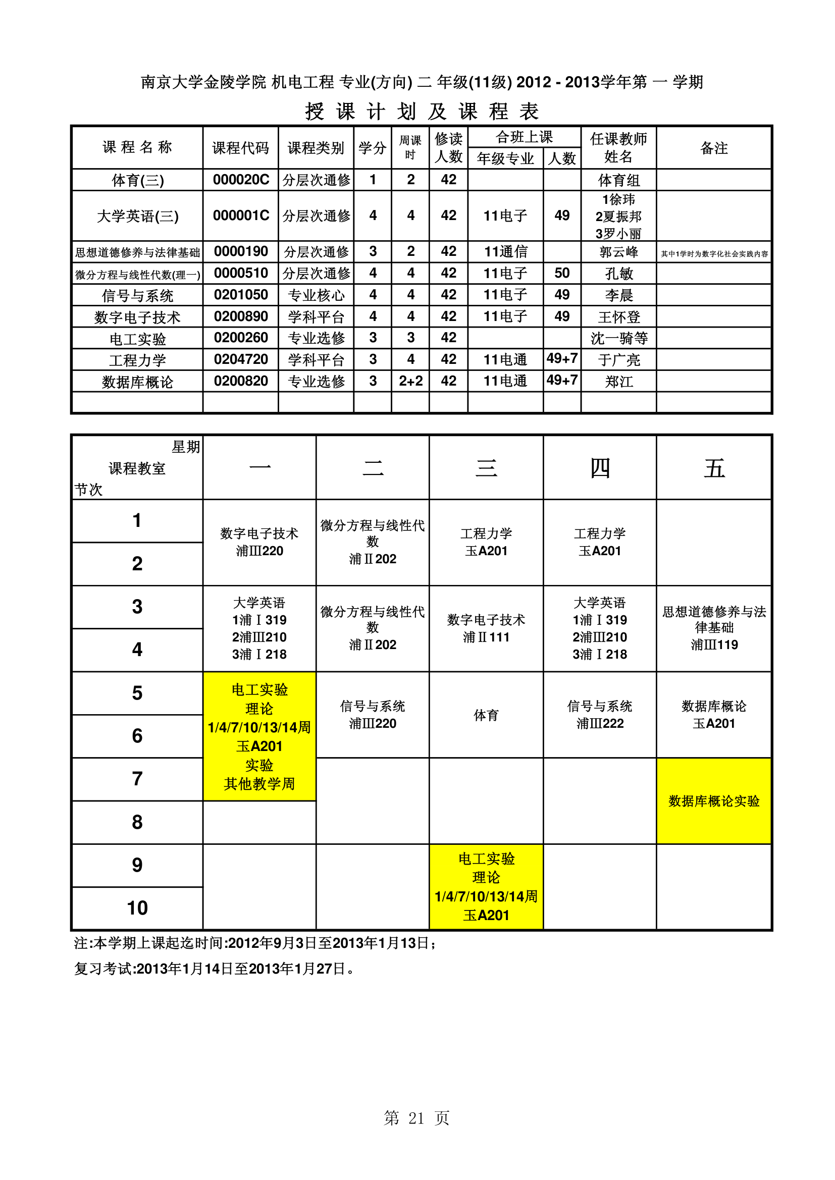 南京大学金陵学院信工最新课表第21页