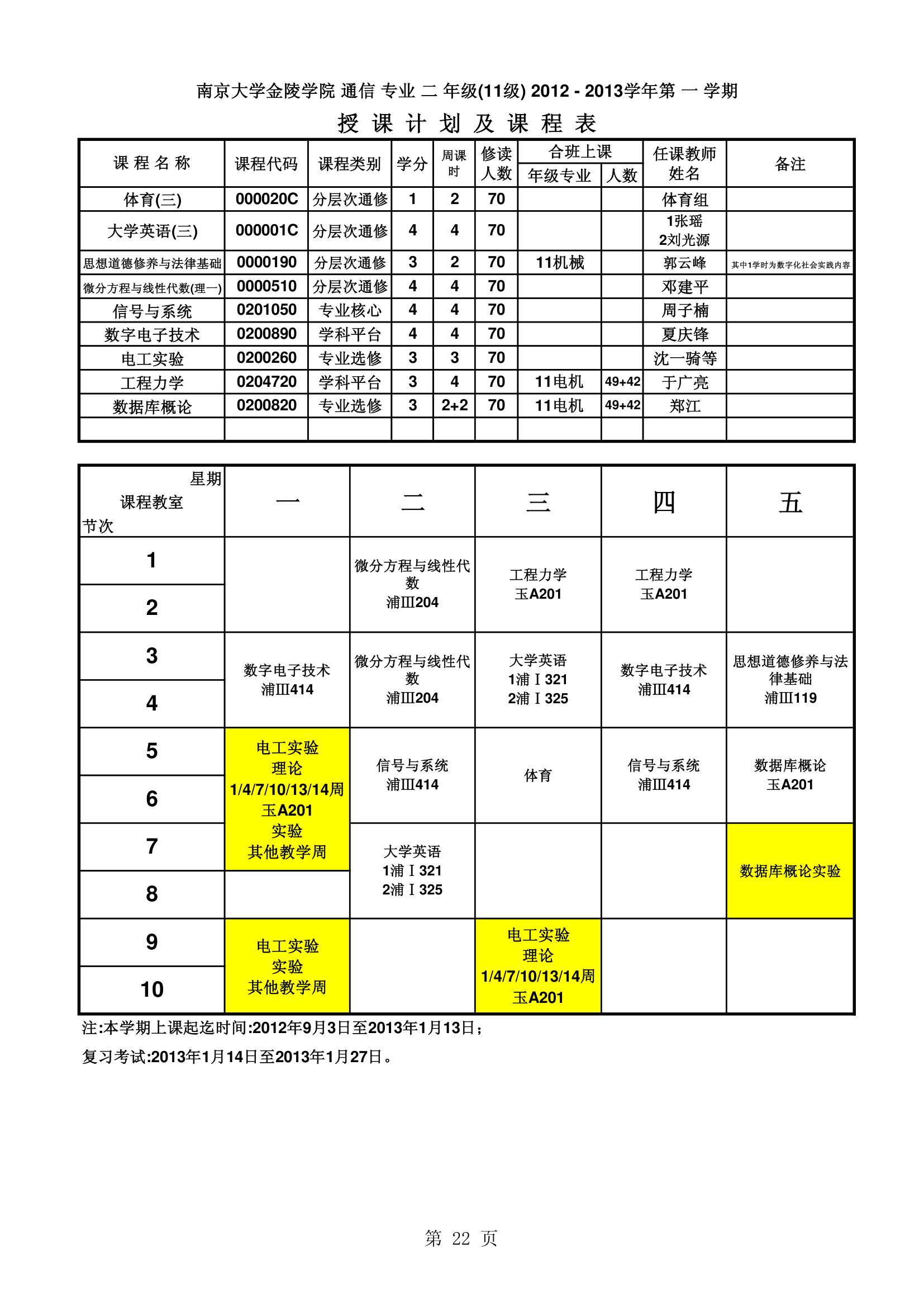 南京大学金陵学院信工最新课表第22页