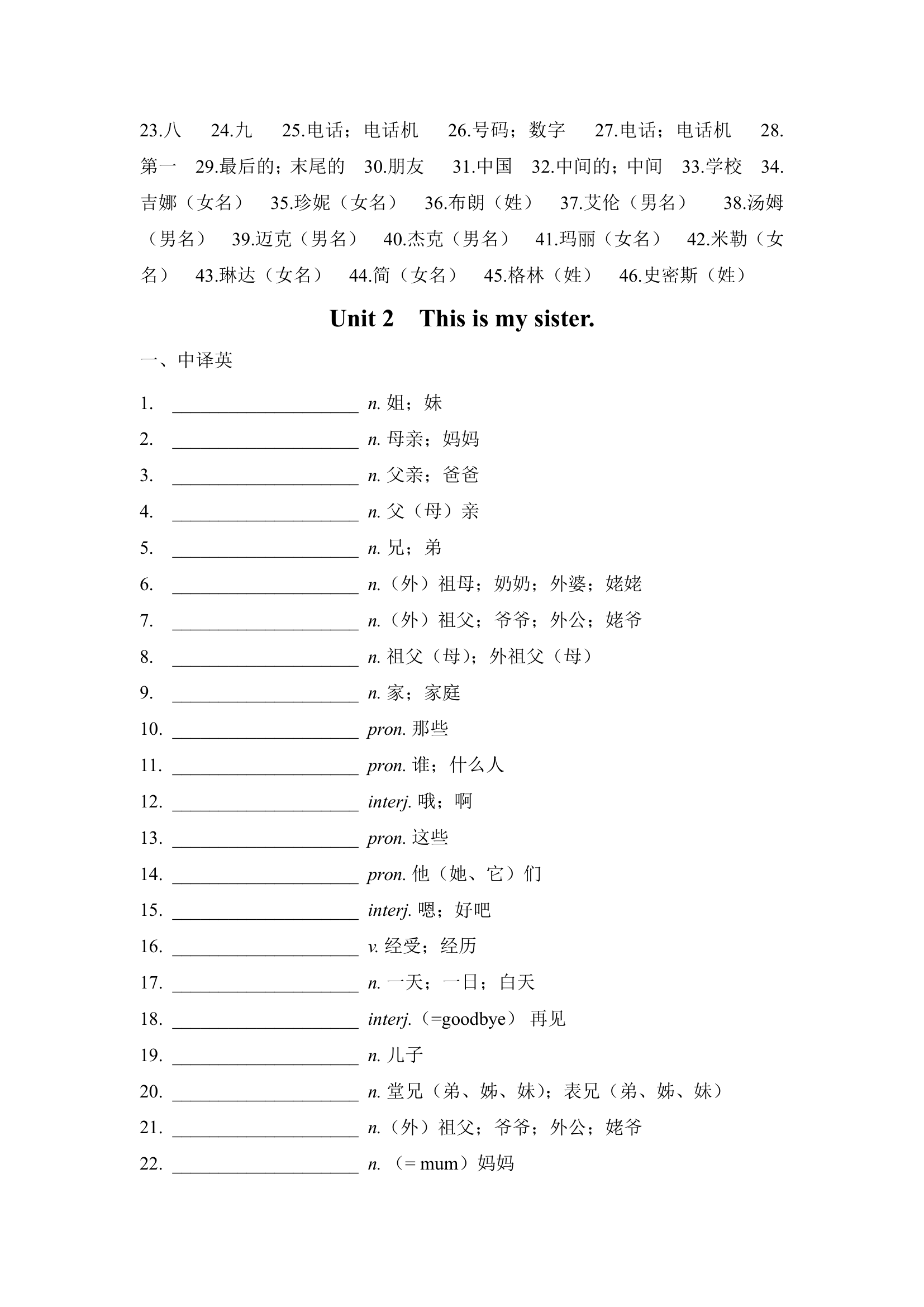 人教版英语七年级上册单词默写 （中译英、英译中）（含答案）.doc第13页