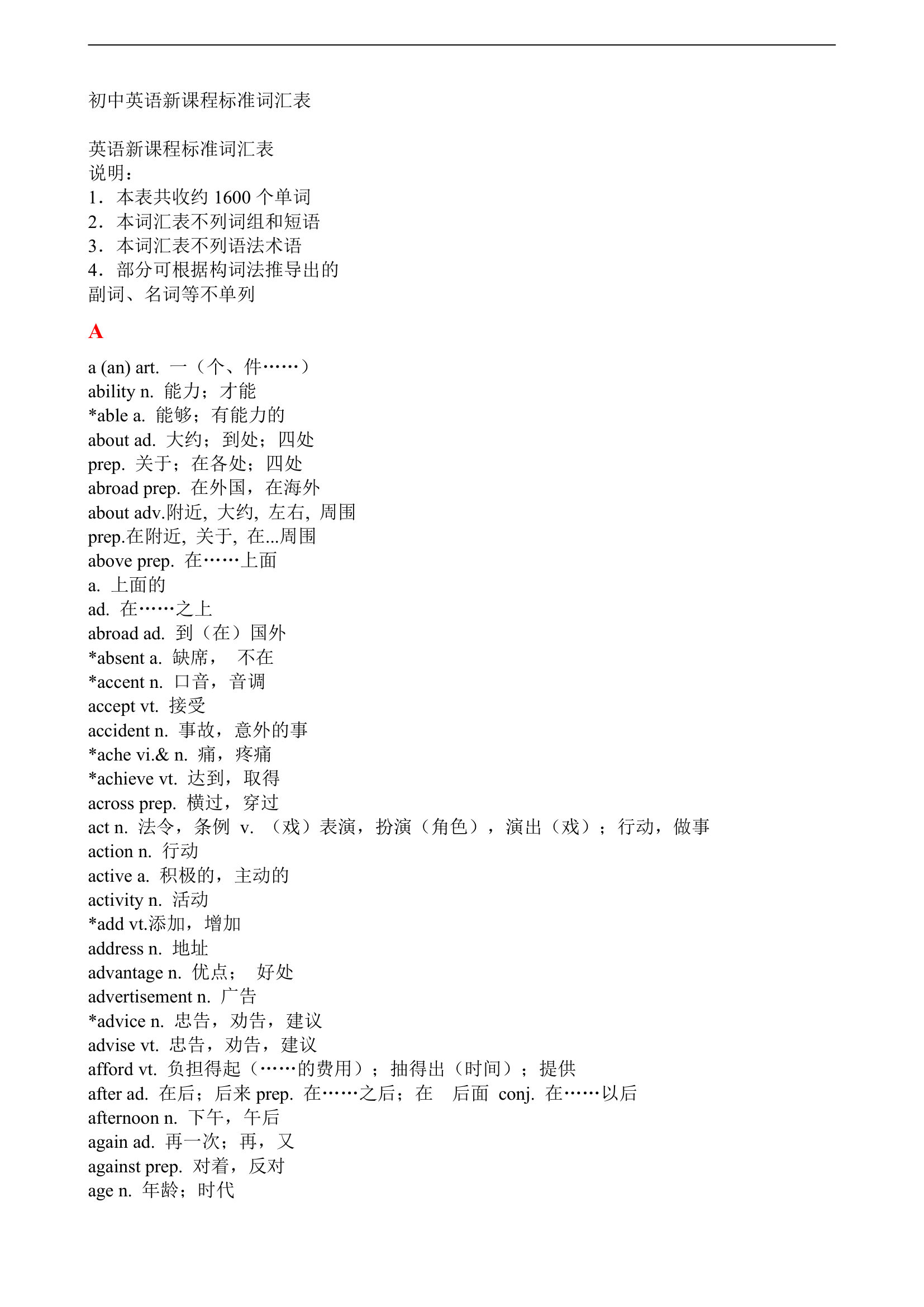 初中英语《中考说明》新课程标准词汇表1560单词及短语.doc第1页