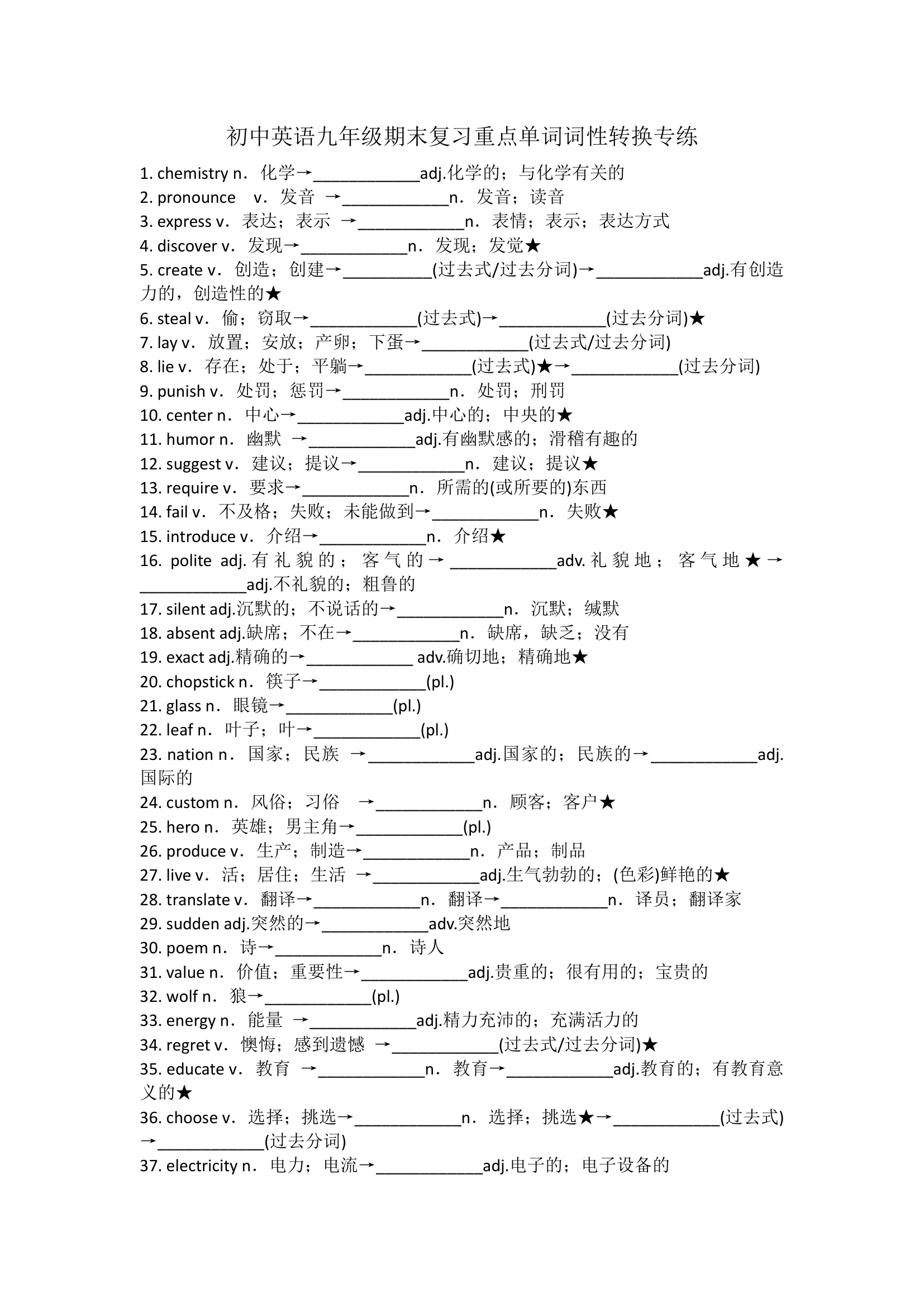 初中英语九年级期末复习重点单词词性转换专练（含答案）.doc第1页