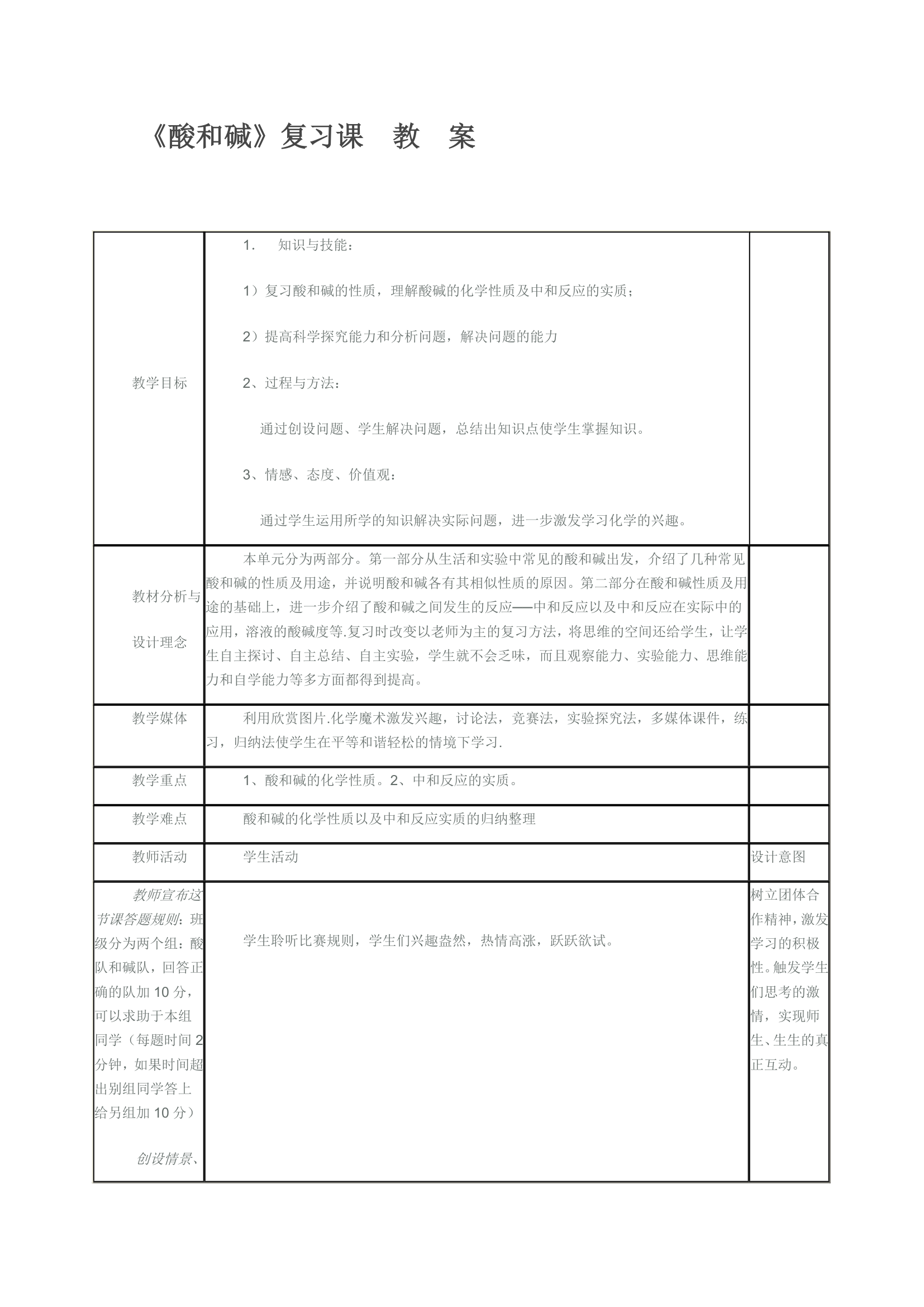 人教版（五四学制）化学九年级全册  第三单元  酸和碱复习  教案（表格式）.doc