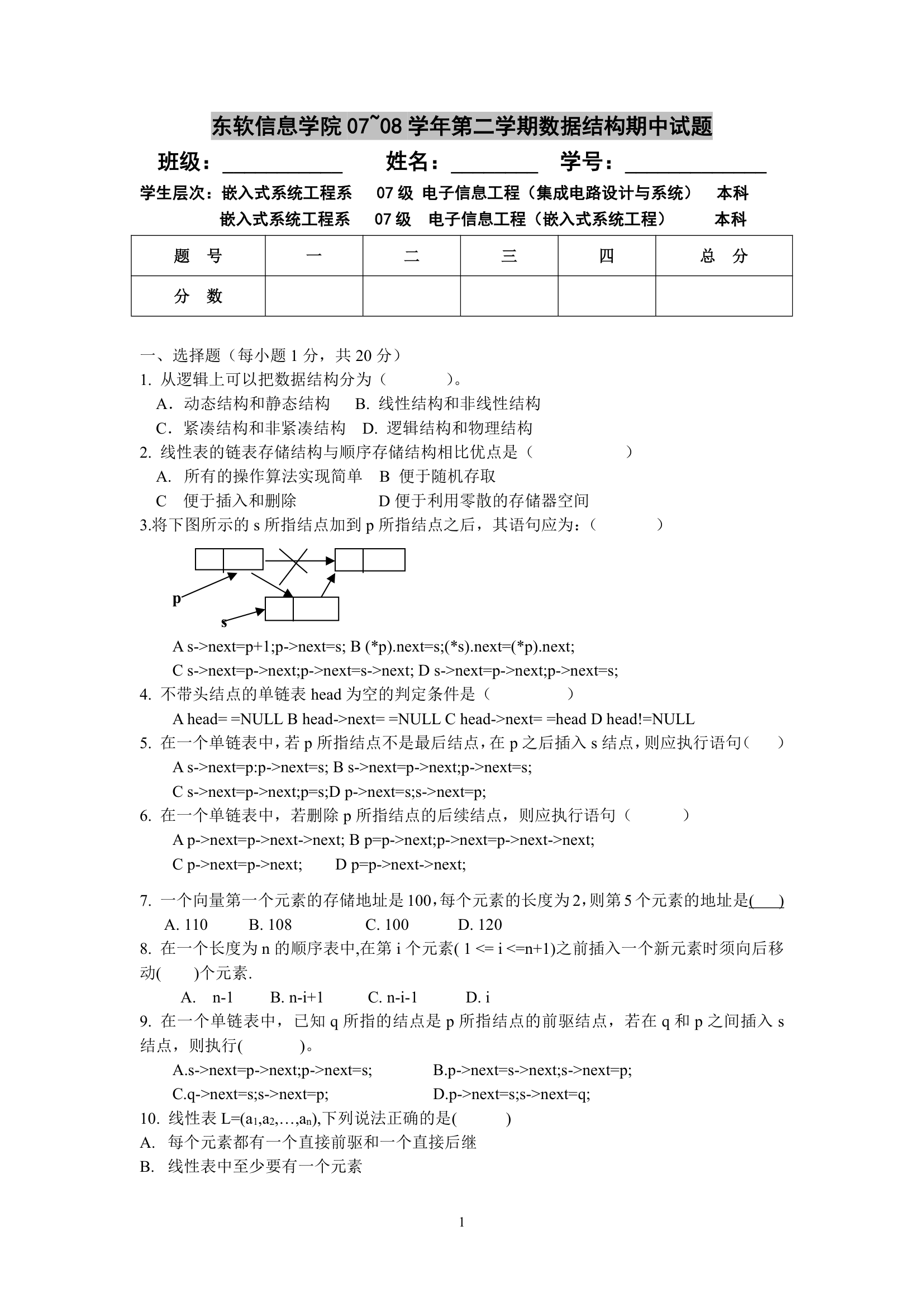 大连东软信息学院数据结构期末试卷(本科)第1页