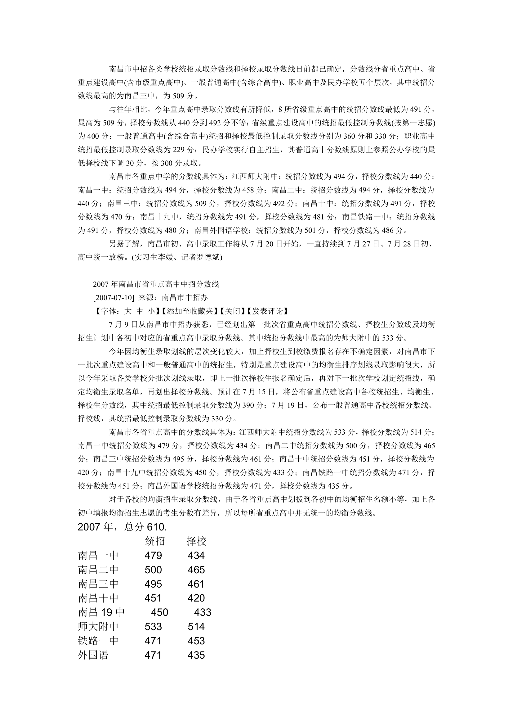 南昌各重点中学中考各年统招分数线第4页