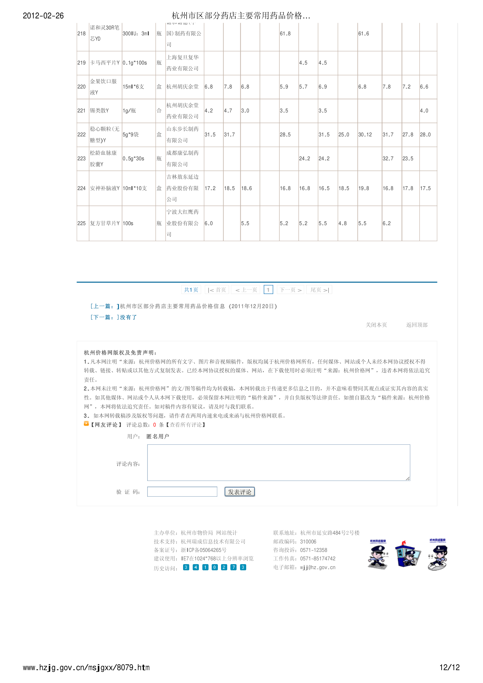 杭州市区部分药店主要常用药品价格信息 (2012年1月20日) - 杭州价格网第12页