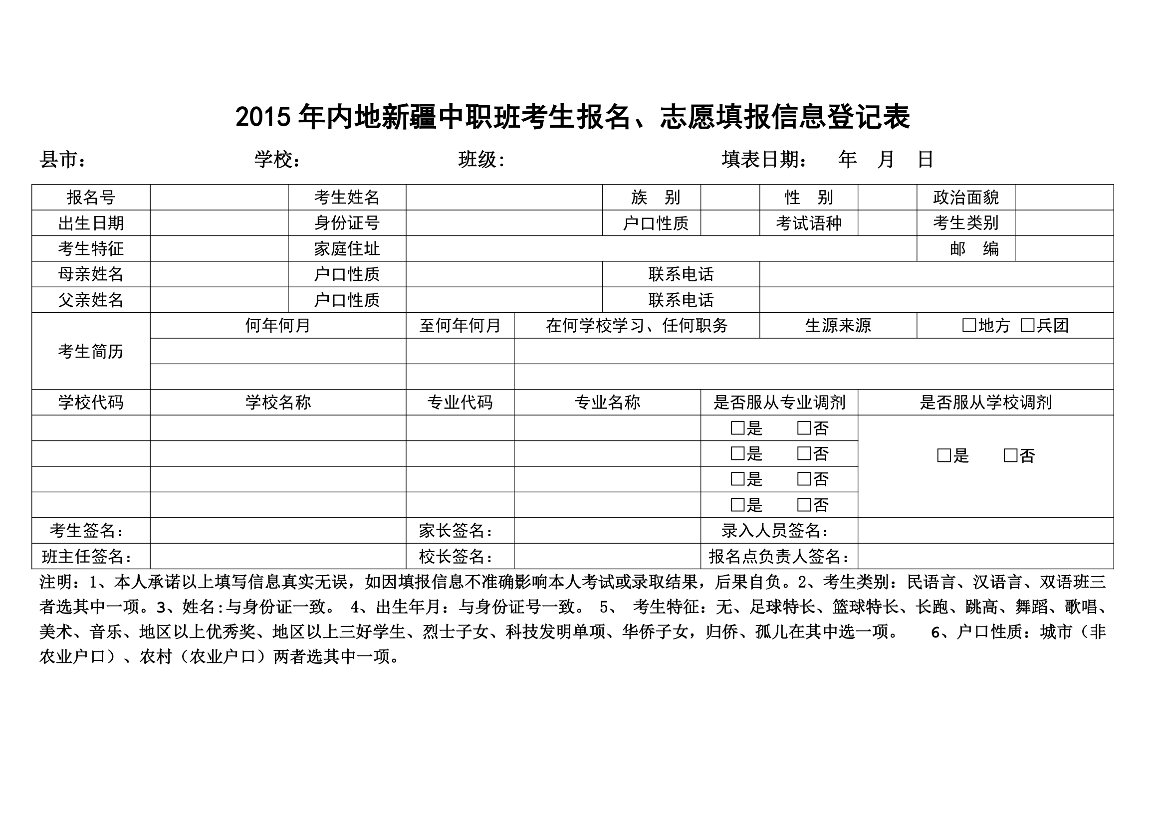 2015年内高班、内职班、内初班报名填报登记表第1页