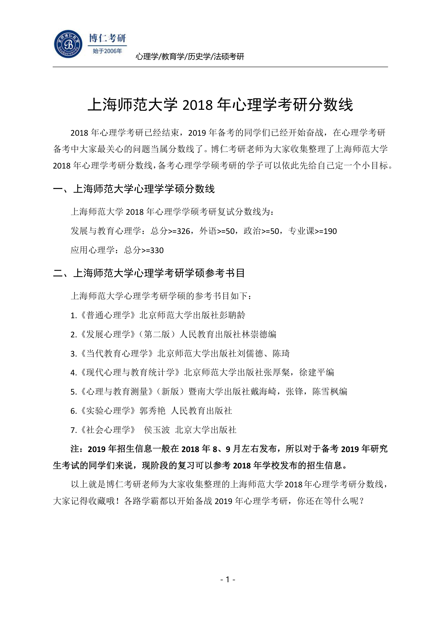 上海师大2018心理学学硕考研分数线第1页