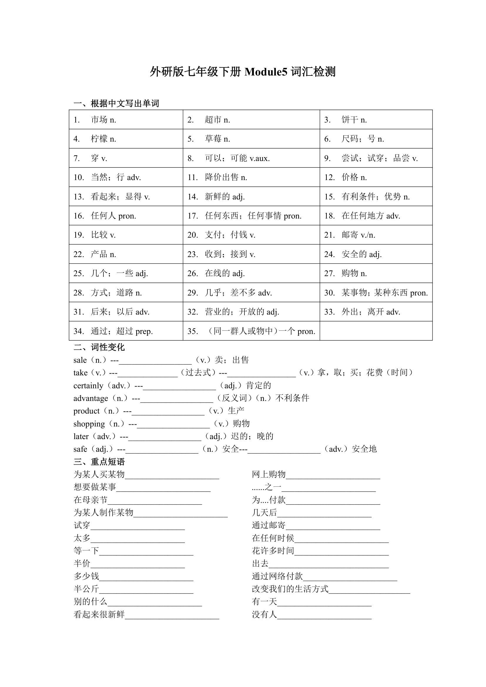 Module 5 shopping 词汇检测和语法习题（含重难点提升）（含答案）.doc第1页