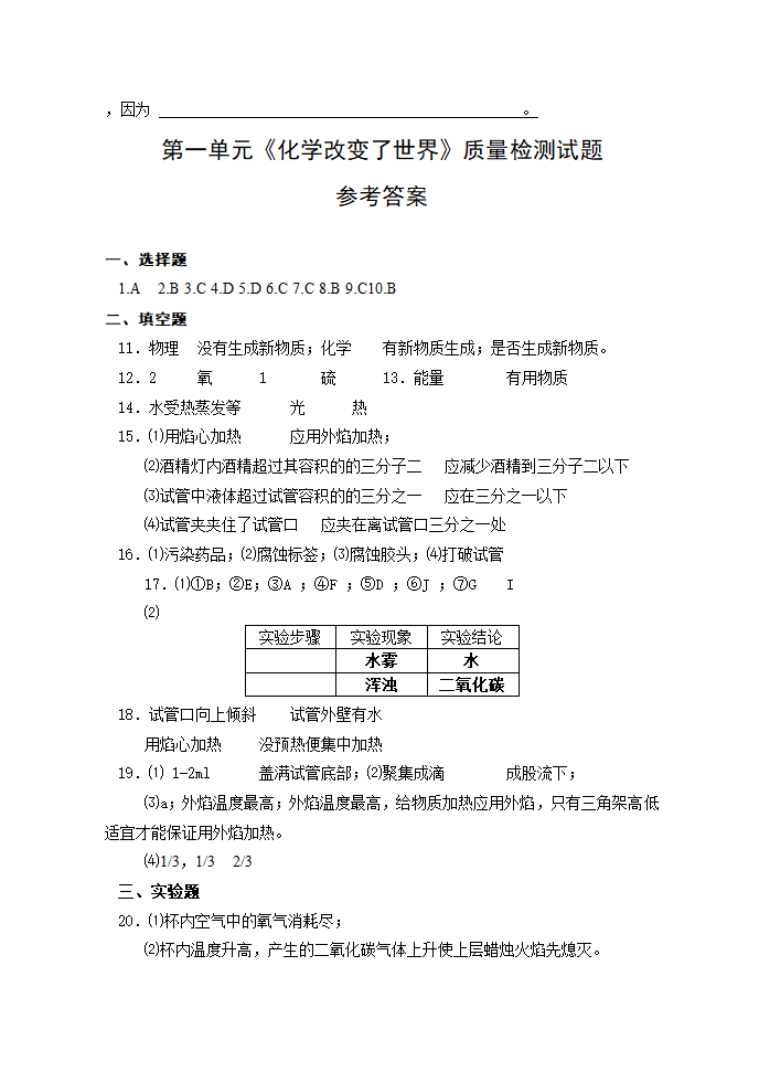 2021-2022学年八年级化学鲁教版（五四制）全一册 第一单元步入化学殿堂质量监测试题（word版 含答案）.doc第6页