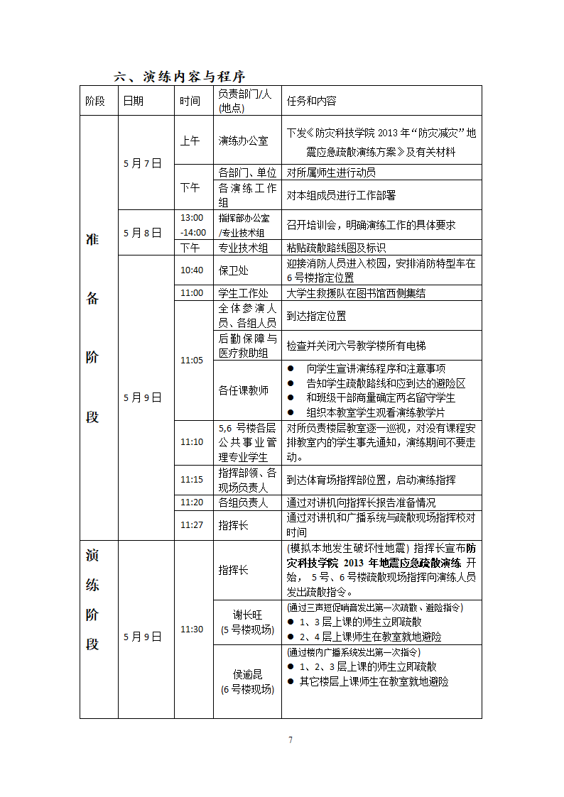 防灾科技学院2013年“防灾减灾”地震应急疏散演练方案第7页