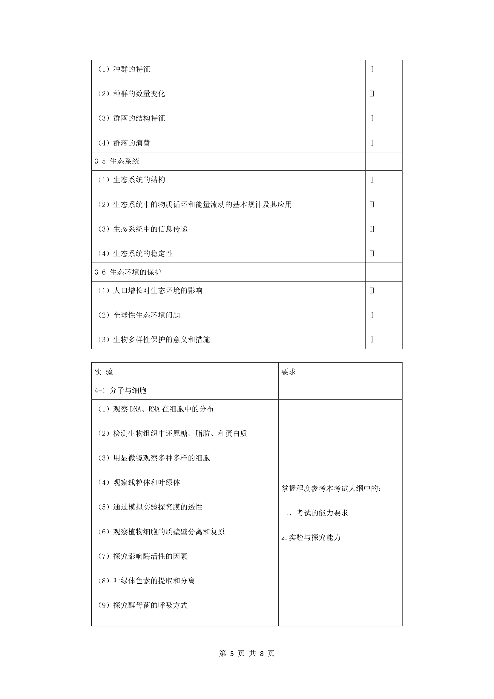 生物2017年全国新课标高考考试大纲第5页