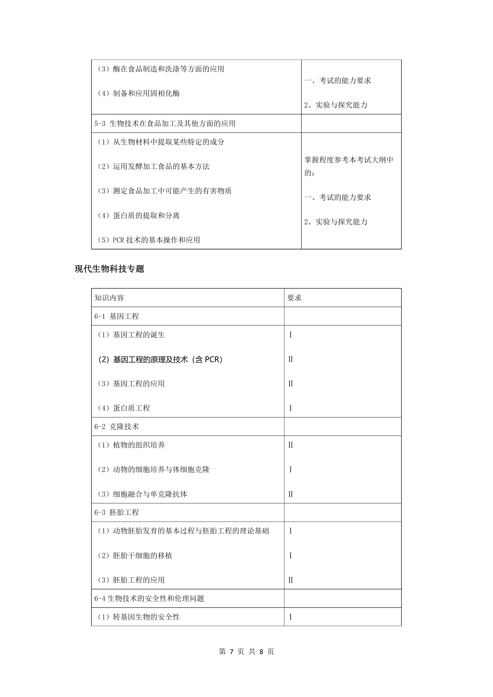 生物2017年全国新课标高考考试大纲第7页