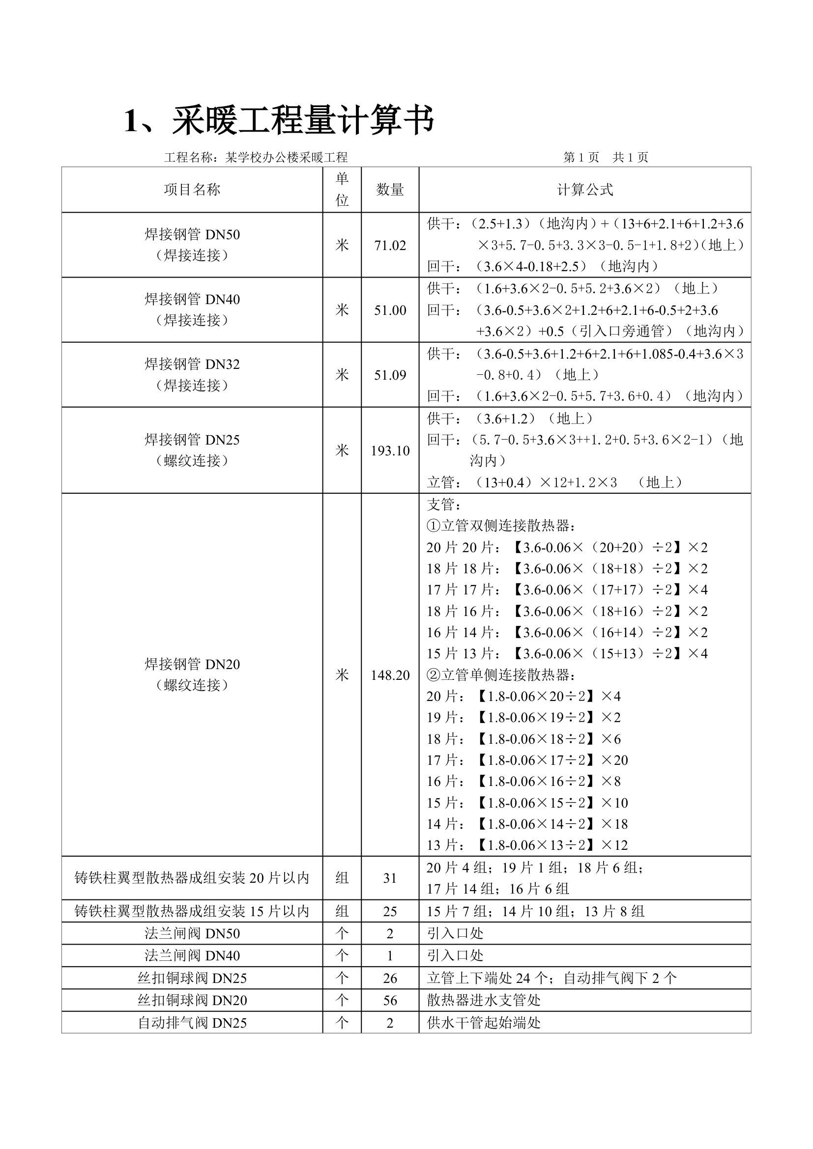 学校办公楼采暖工程量计算书16页.docx第1页