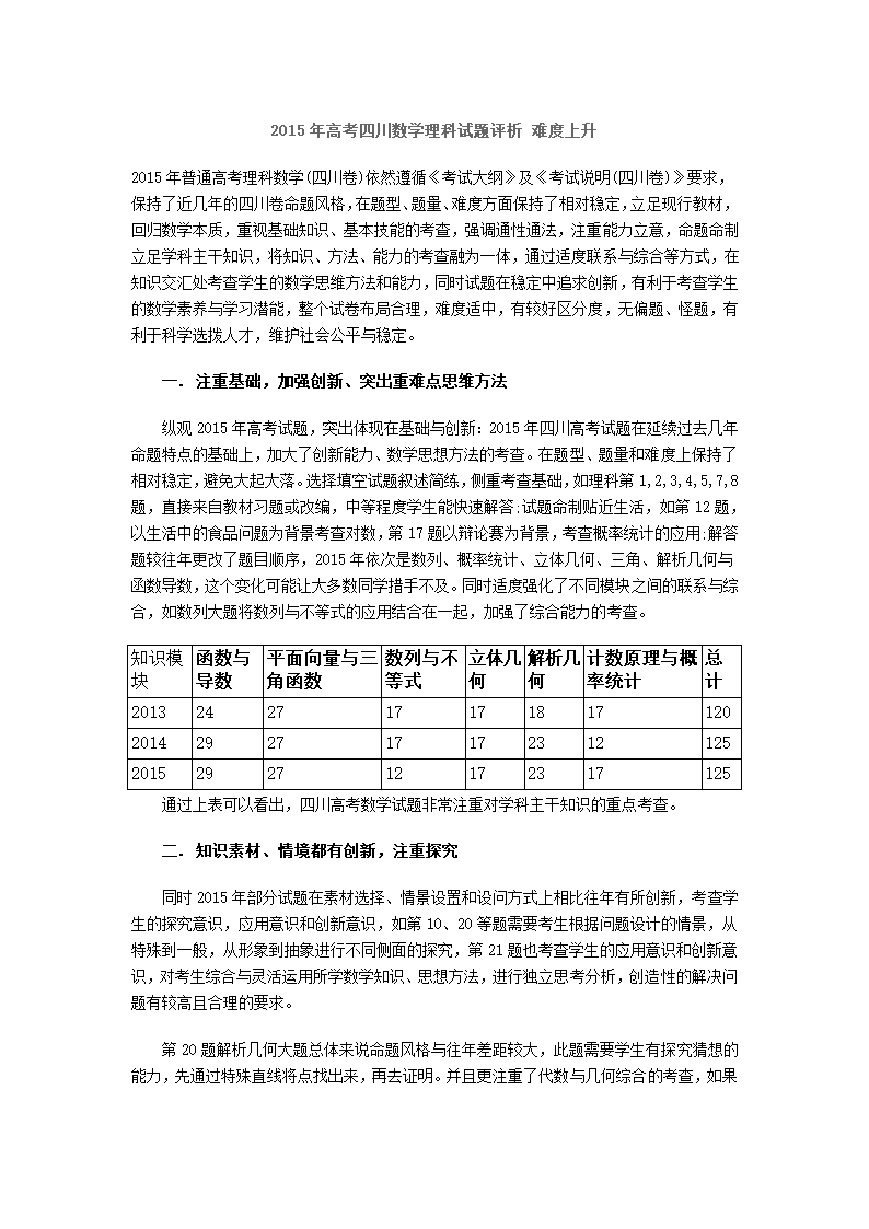 2015年高考四川数学理科试题评析 难度上升第1页