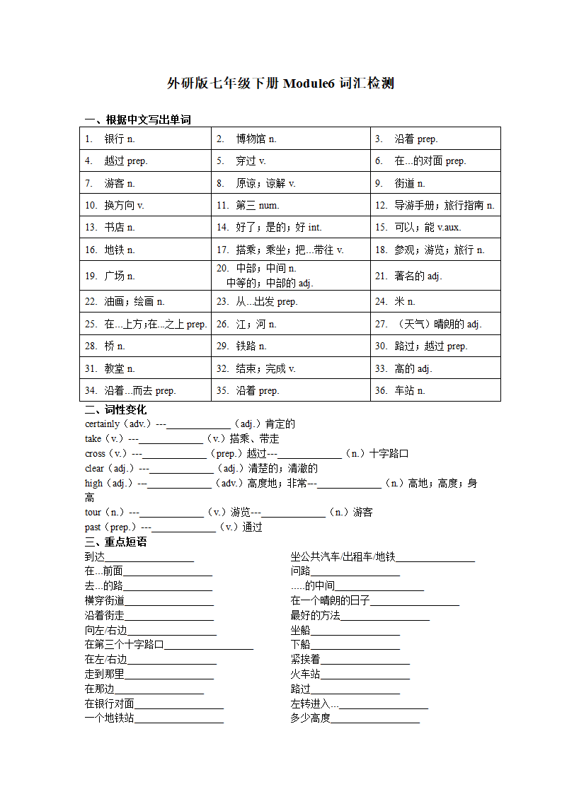 Module 6 around town 词汇检测和语法习题（含重难点提升）（含答案）.doc第1页