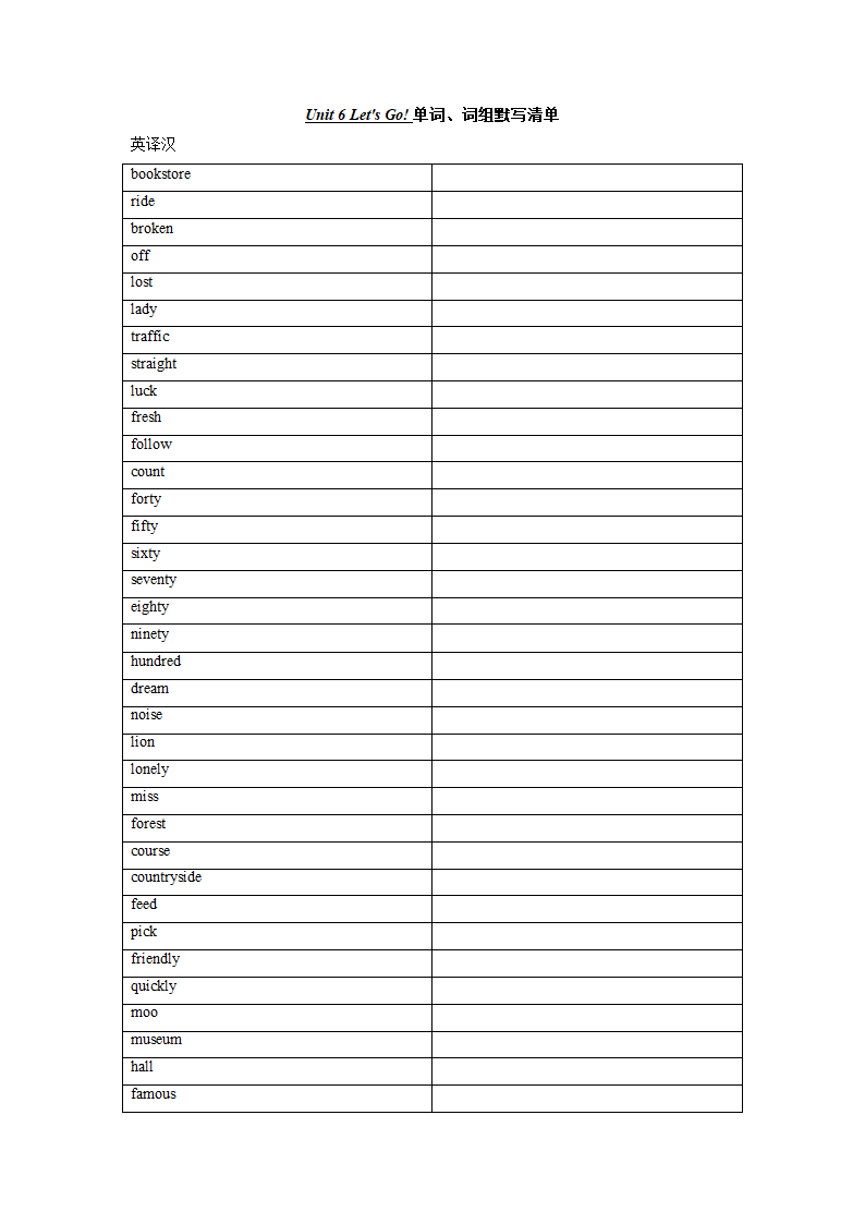 冀教版七年级上册Unit 6 Let's Go!单词、词组默写清单（含答案）.doc第1页