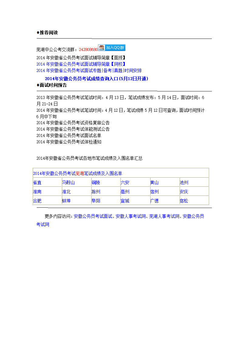 2014年安徽省公务员考试各地市笔试成绩及入围名单汇总第1页