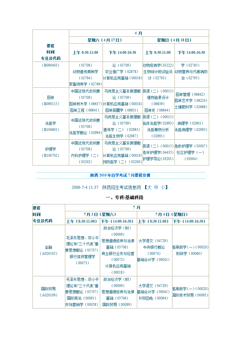 陕西2010年自学考试课程安排第21页