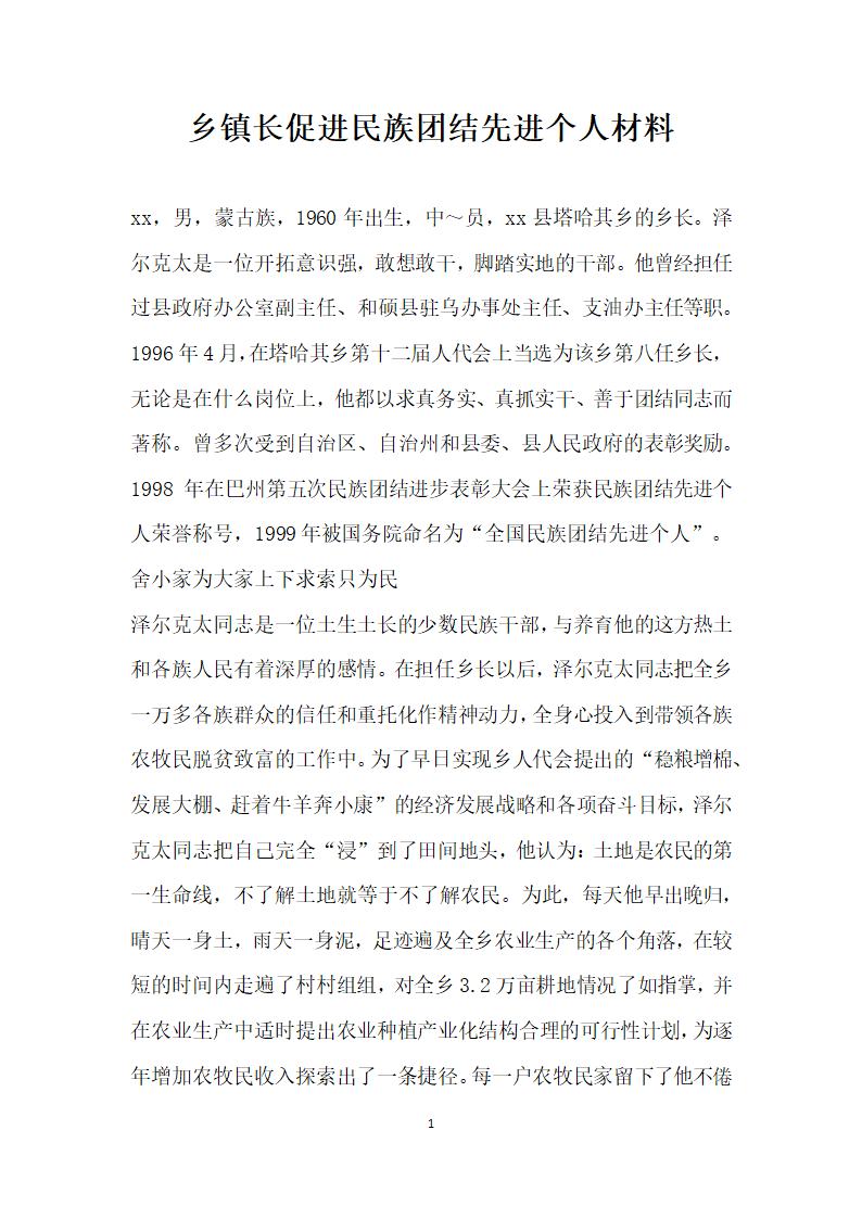 乡镇长促进民族团结先进个人材料.doc