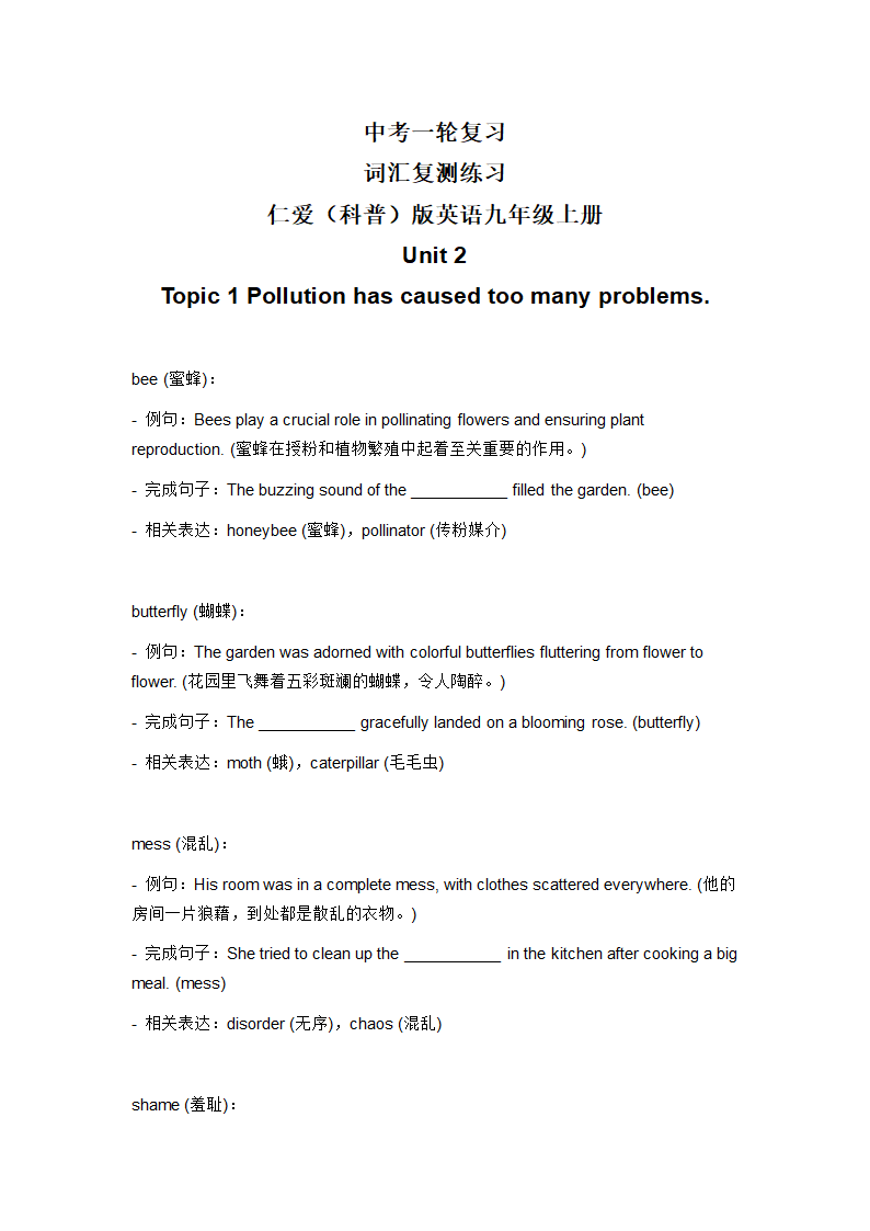 2024年仁爱版中考英语一轮复习九年级上册Unit 2 Topic 1 词汇复测练习（含答案）.doc第1页