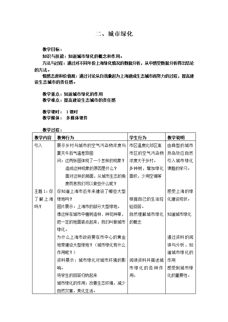 沪教版生物八年级第二册 6.1.2 城市绿化 教学设计.doc