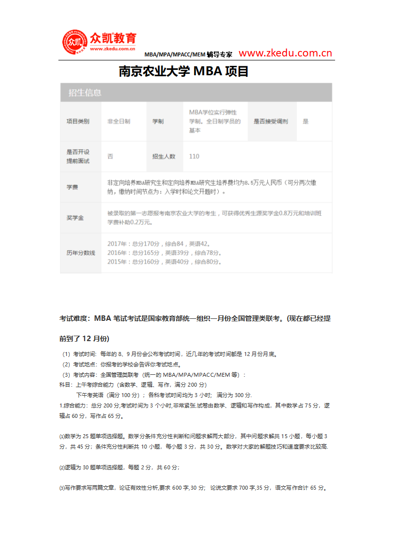 南京农业大学MBA分数线及考试难度第1页