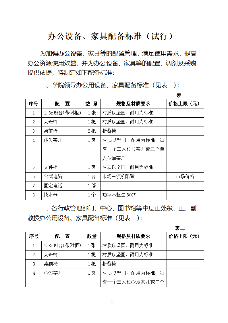 西北大学现代学院办公设备、家具配备标准(试行)第1页