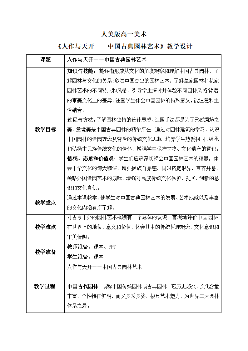 4.2 人作与天开——中国古典园林艺术 教学设计-2022-2023学年高一上学期美术人美版（2019）美术鉴赏.doc第1页