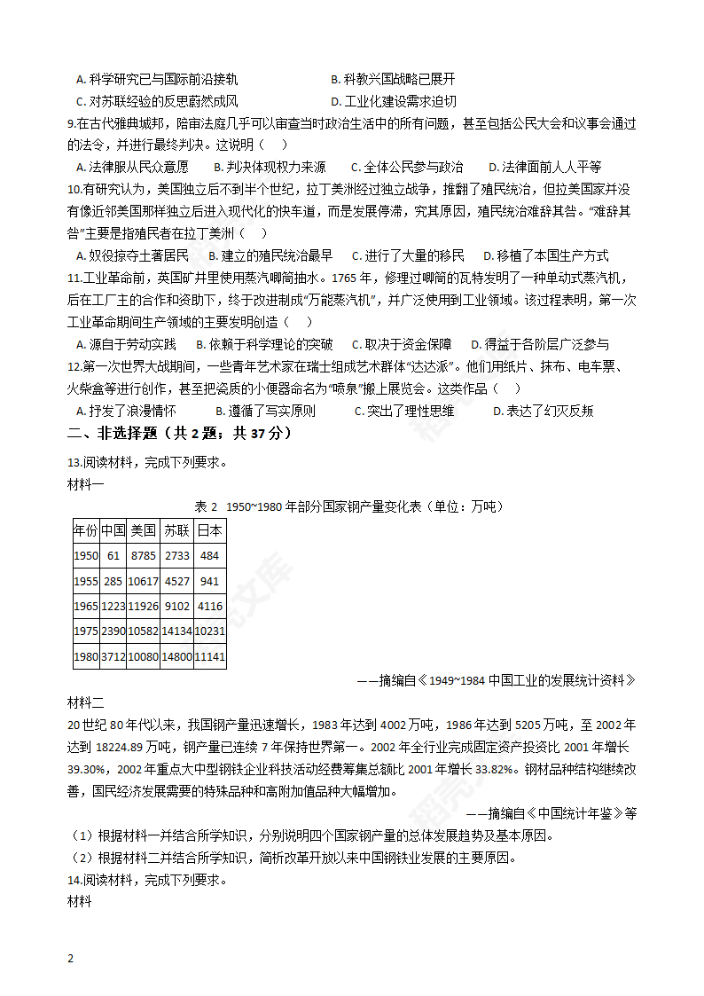 2019年高考文综历史真题试卷（全国Ⅰ卷）(学生版).docx第2页