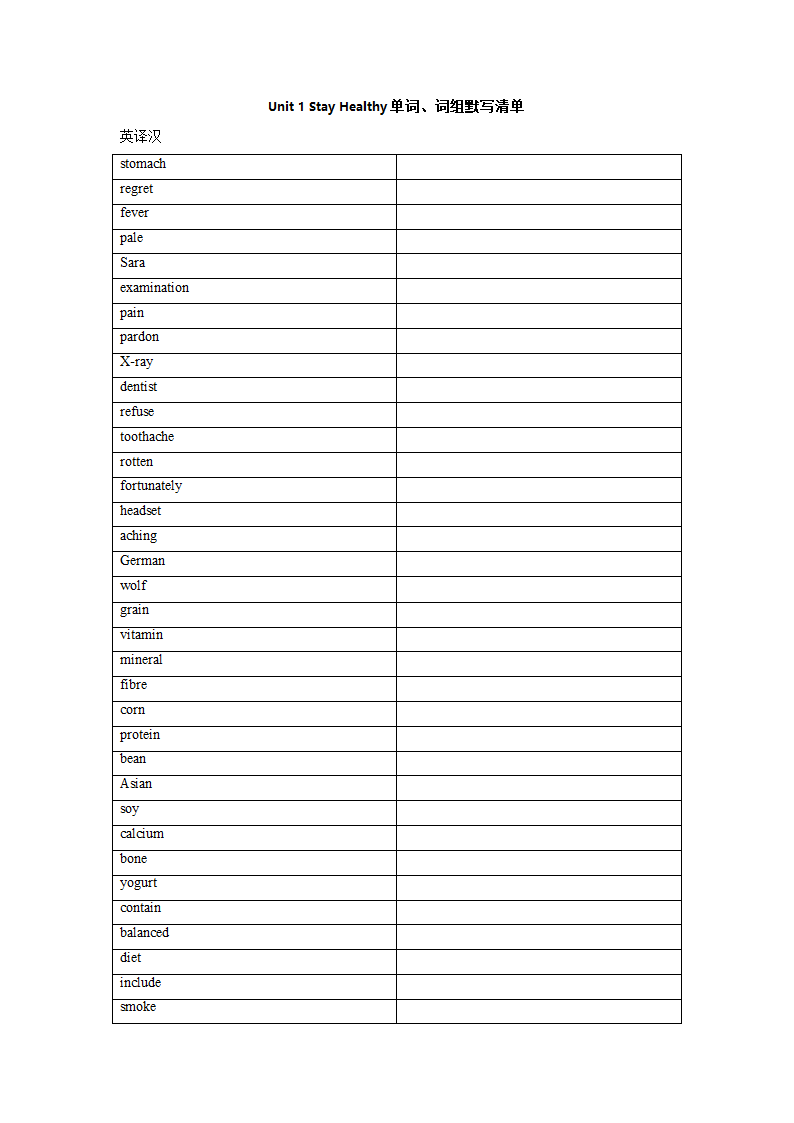 冀教版九年级全册Unit1 Stay Healthy单词、词组默写清单（含答案）.doc第1页