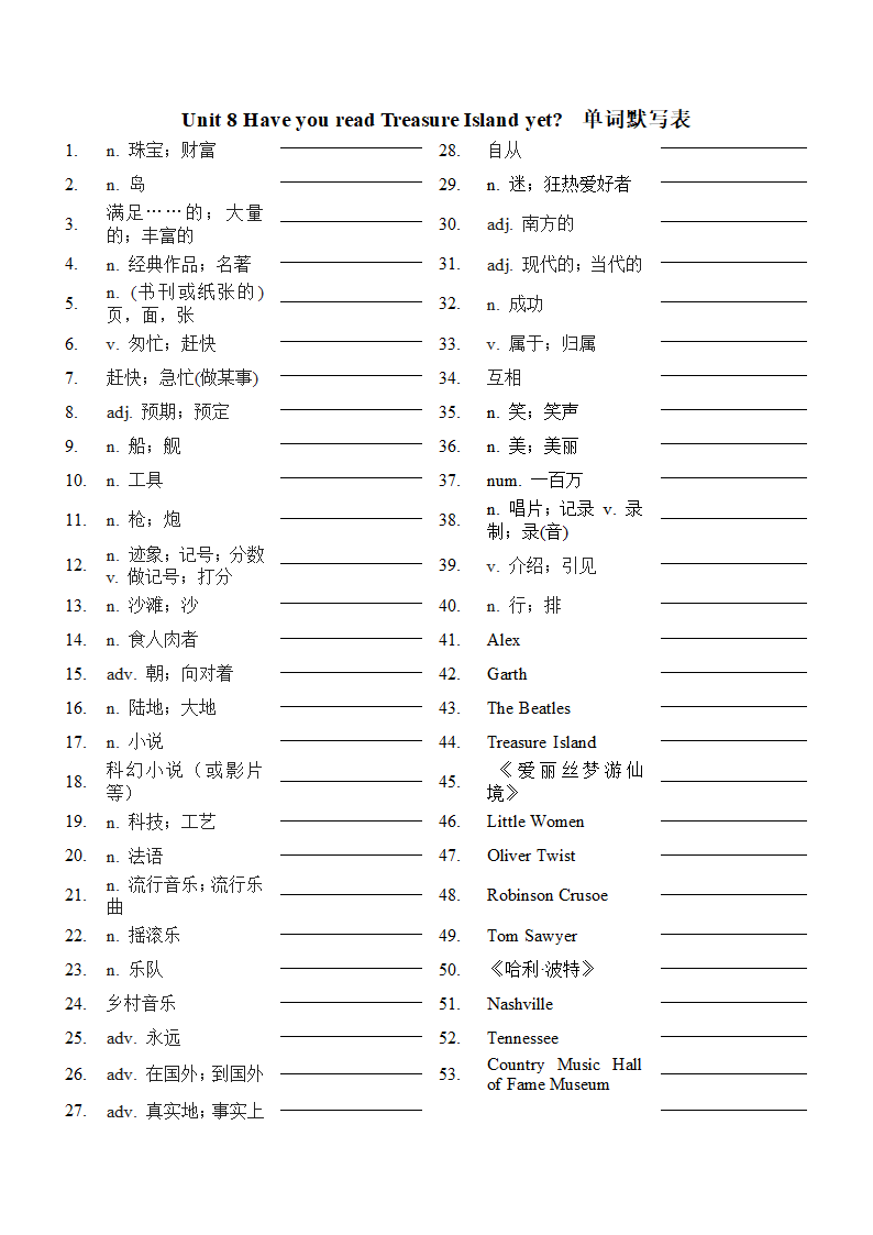 Unit 8 Have you read Treasure Island yet 单词课文默写卷 （含答案）.doc第1页