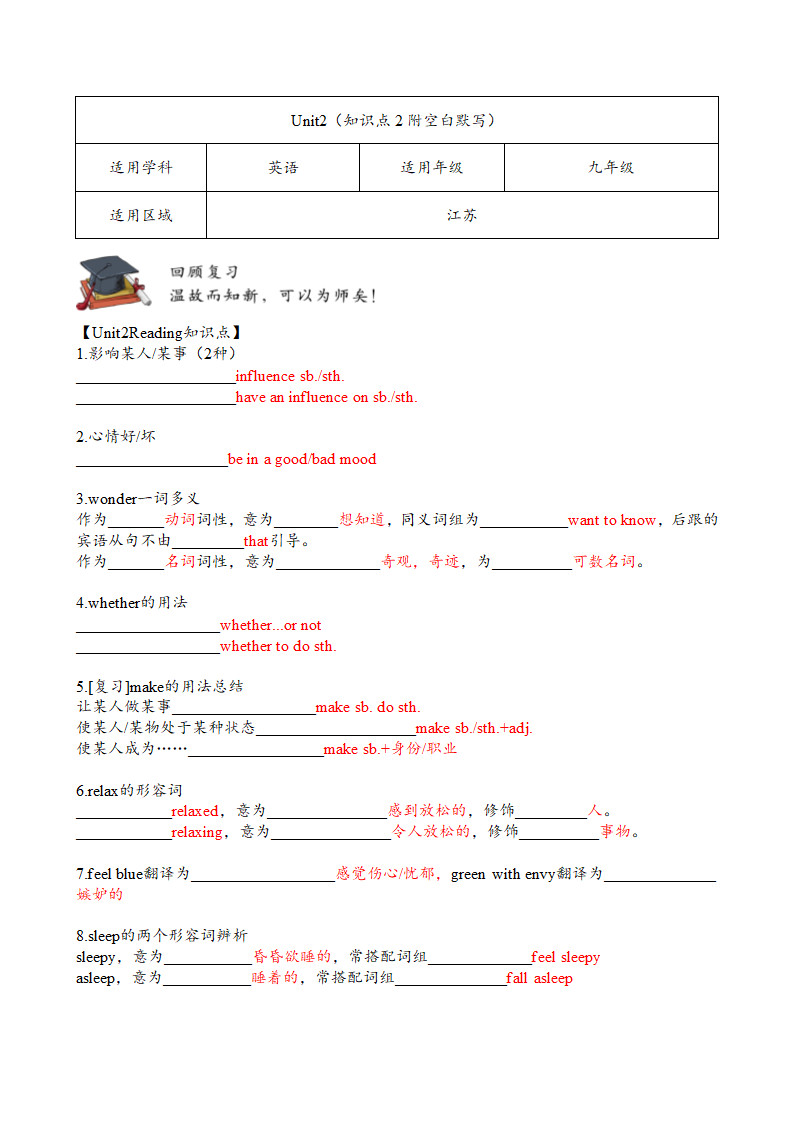 牛津译林版九年级上册 Unit 2 Colour Reading 知识点默写 (含答案).doc第1页